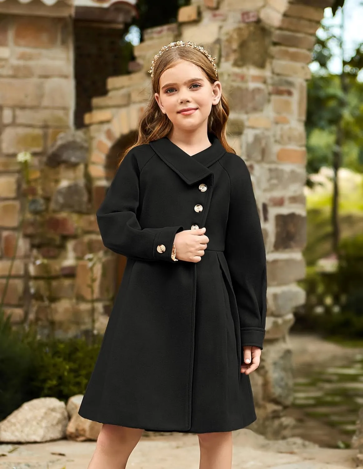 GRACE KARIN Girls Dress Coat Kids Wool Lapel Long Button Jackets Fall Winter Outerwear Peacoat with Pockets 5-12Y