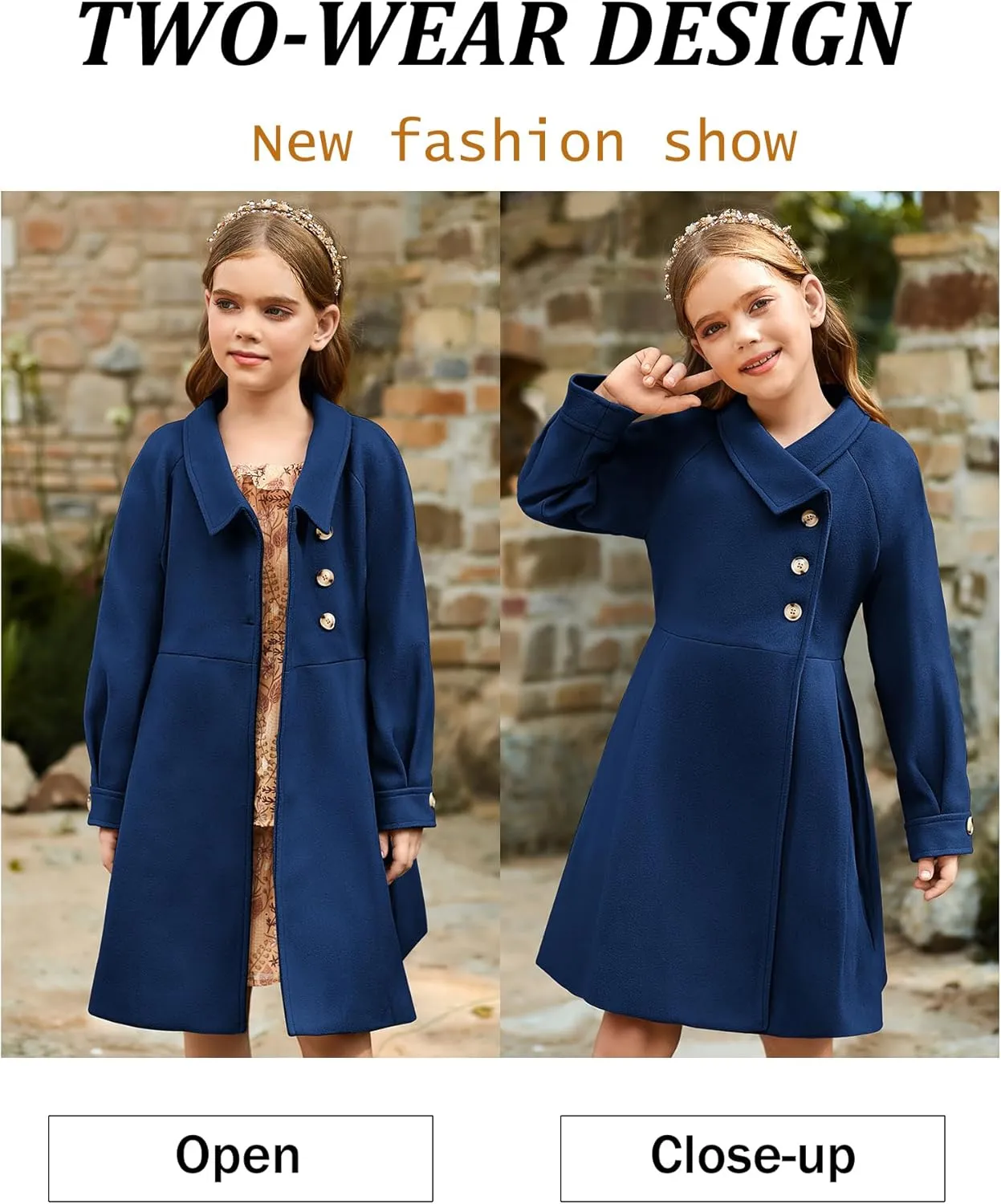 GRACE KARIN Girls Dress Coat Kids Wool Lapel Long Button Jackets Fall Winter Outerwear Peacoat with Pockets 5-12Y