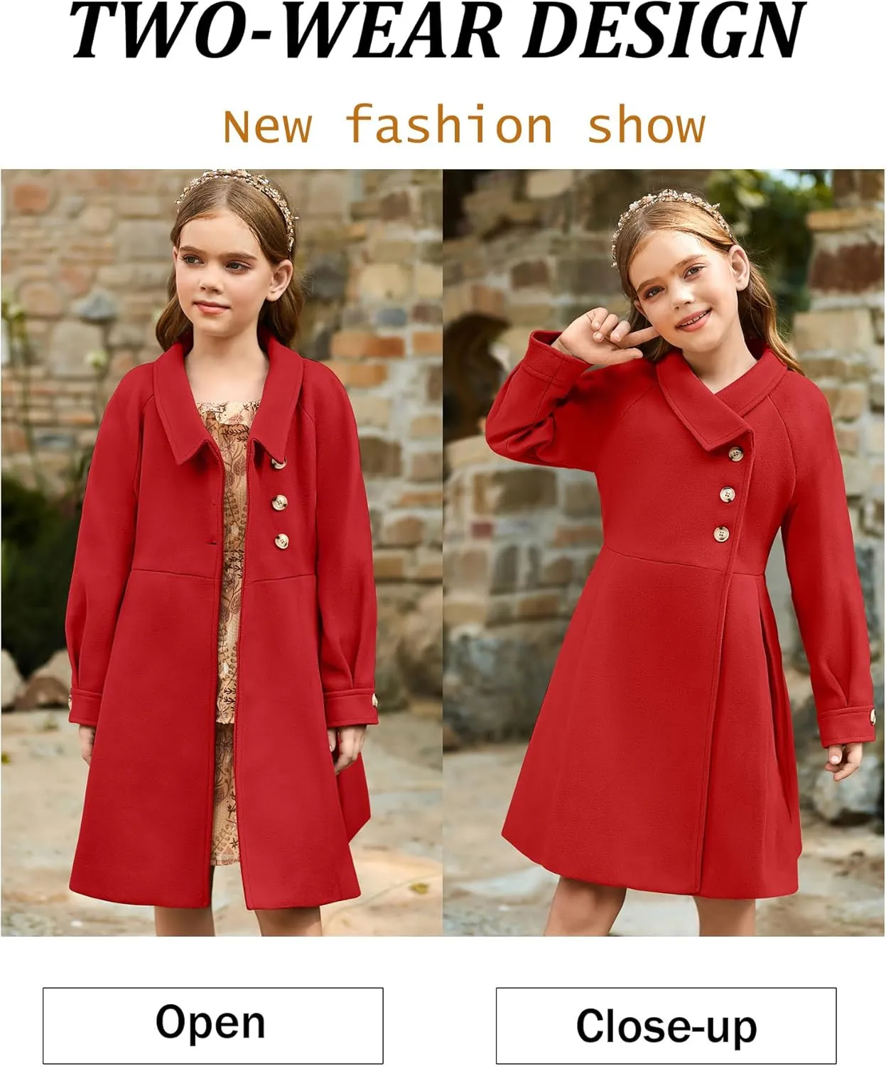 GRACE KARIN Girls Dress Coat Kids Wool Lapel Long Button Jackets Fall Winter Outerwear Peacoat with Pockets 5-12Y
