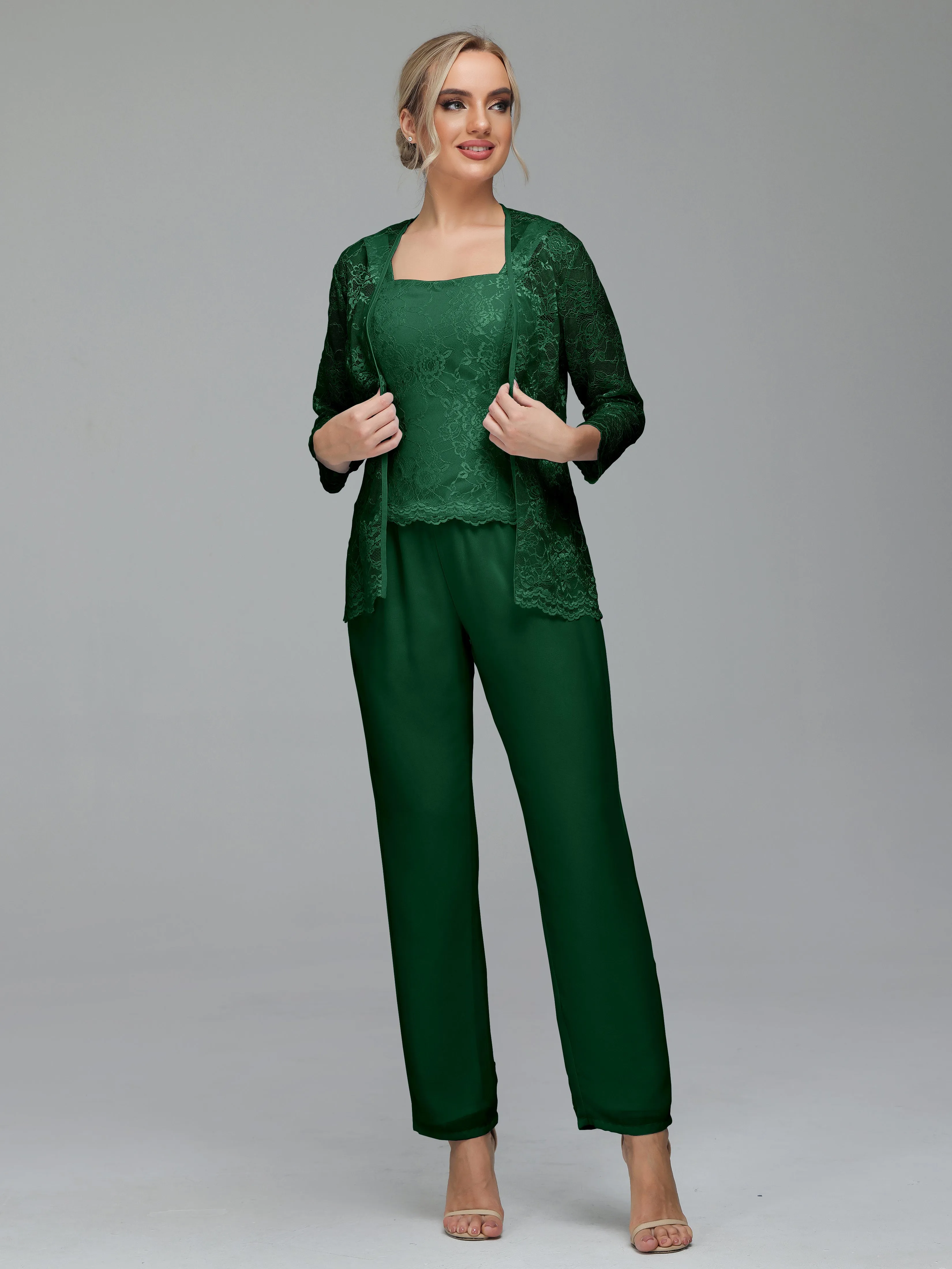 Graceful 3 Pieces Lace Chiffon Mother of Bride Dress Pant Suits