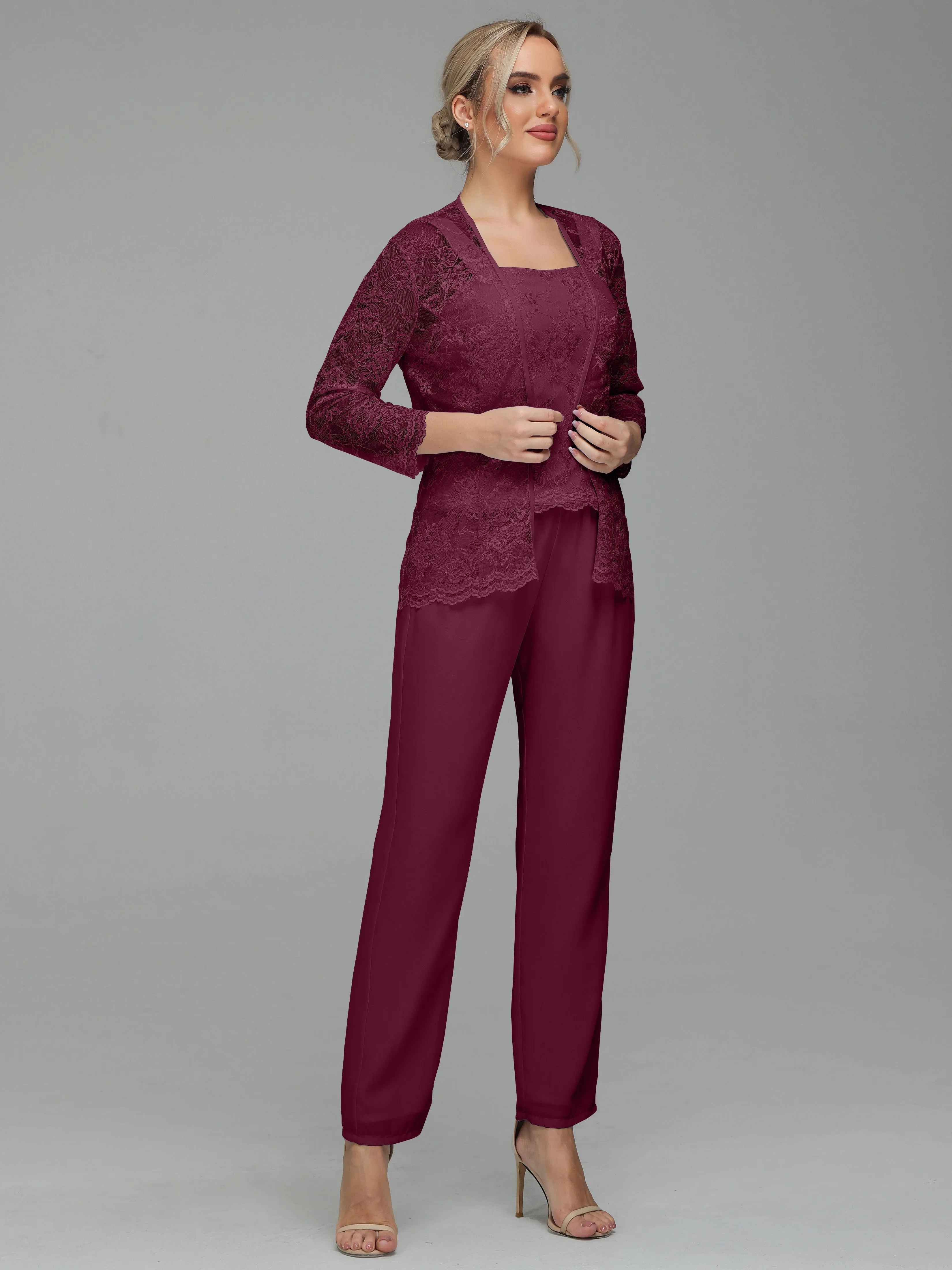 Graceful 3 Pieces Lace Chiffon Mother of Bride Dress Pant Suits