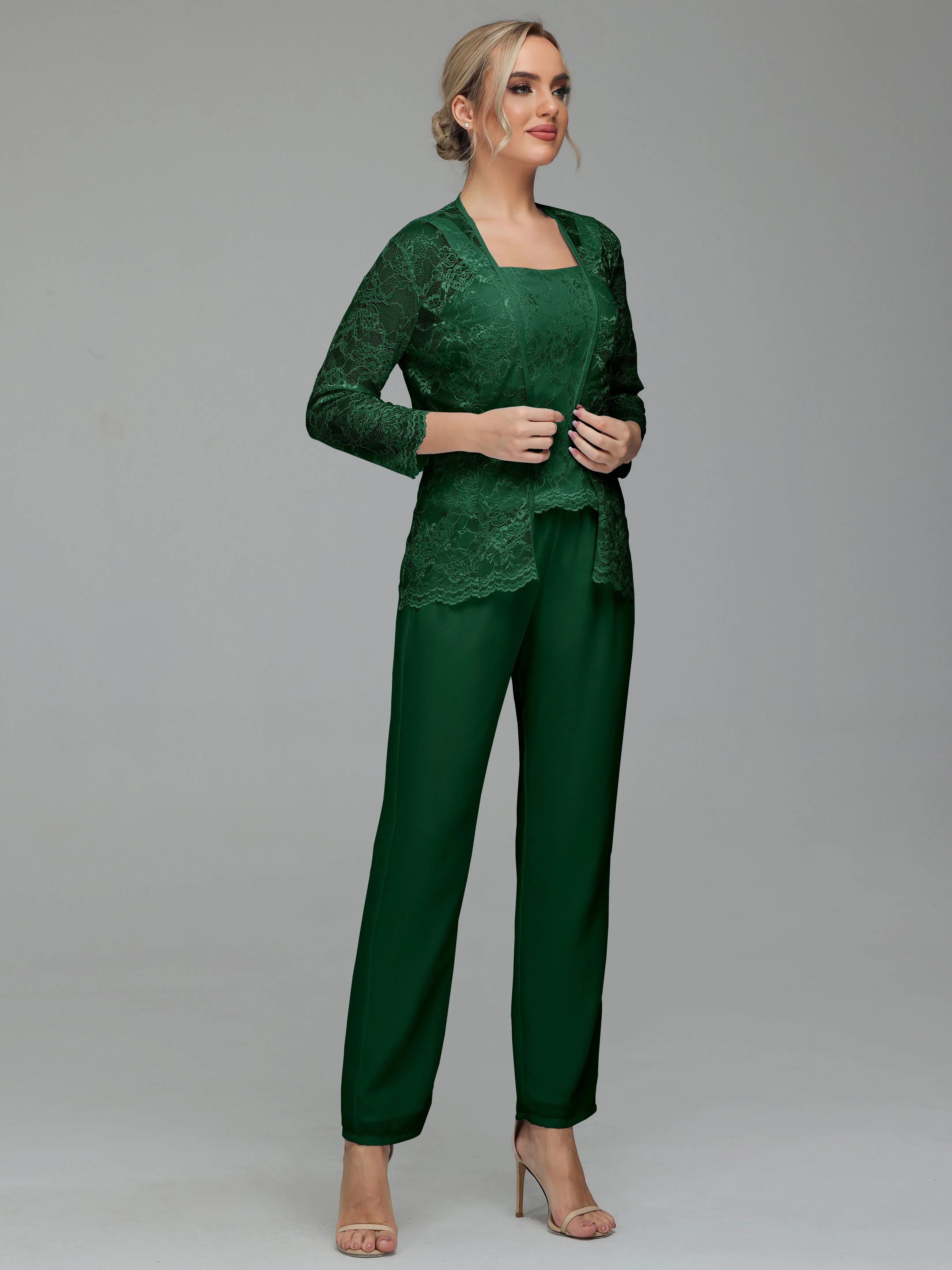 Graceful 3 Pieces Lace Chiffon Mother of Bride Dress Pant Suits