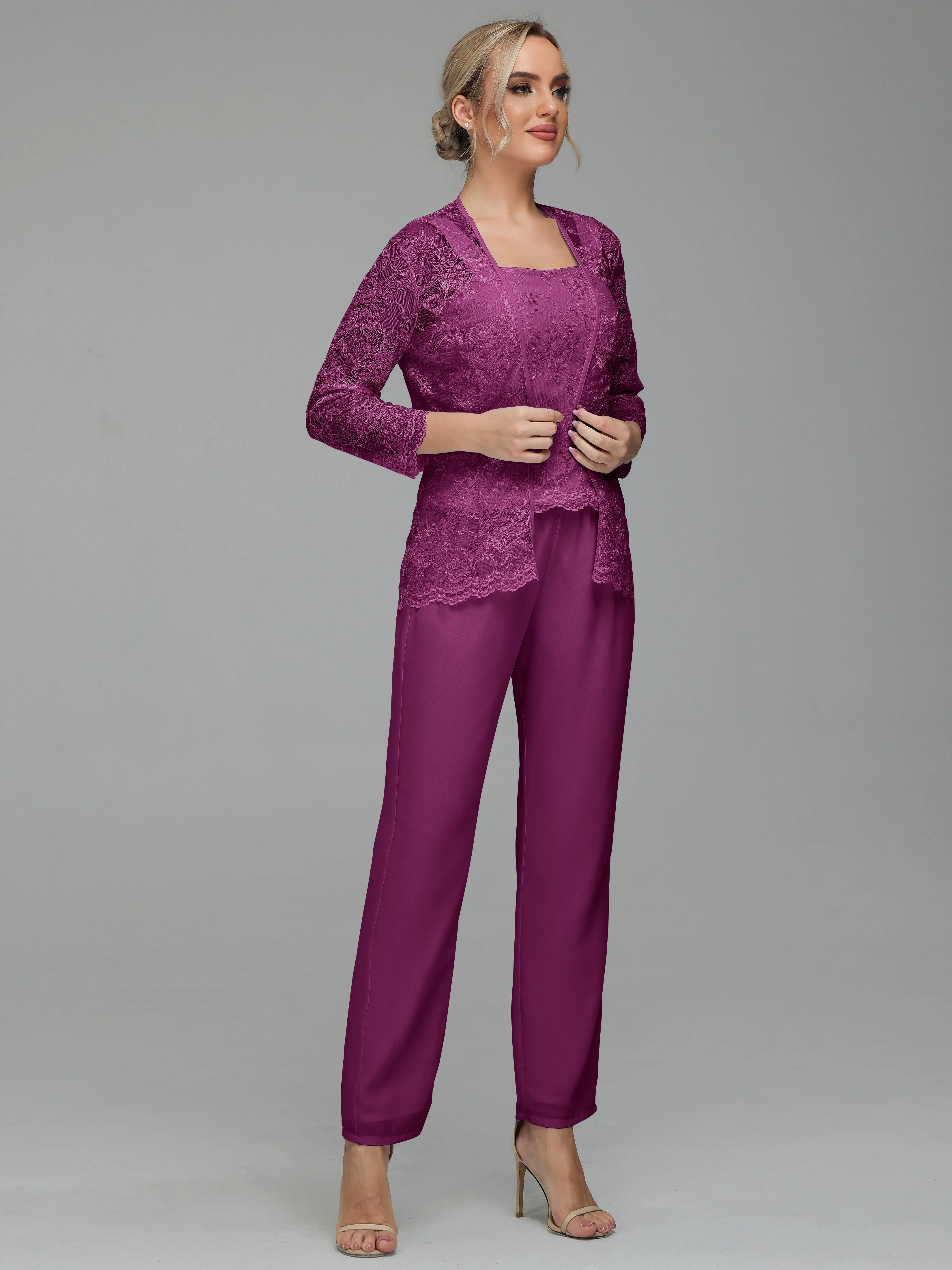 Graceful 3 Pieces Lace Chiffon Mother of Bride Dress Pant Suits