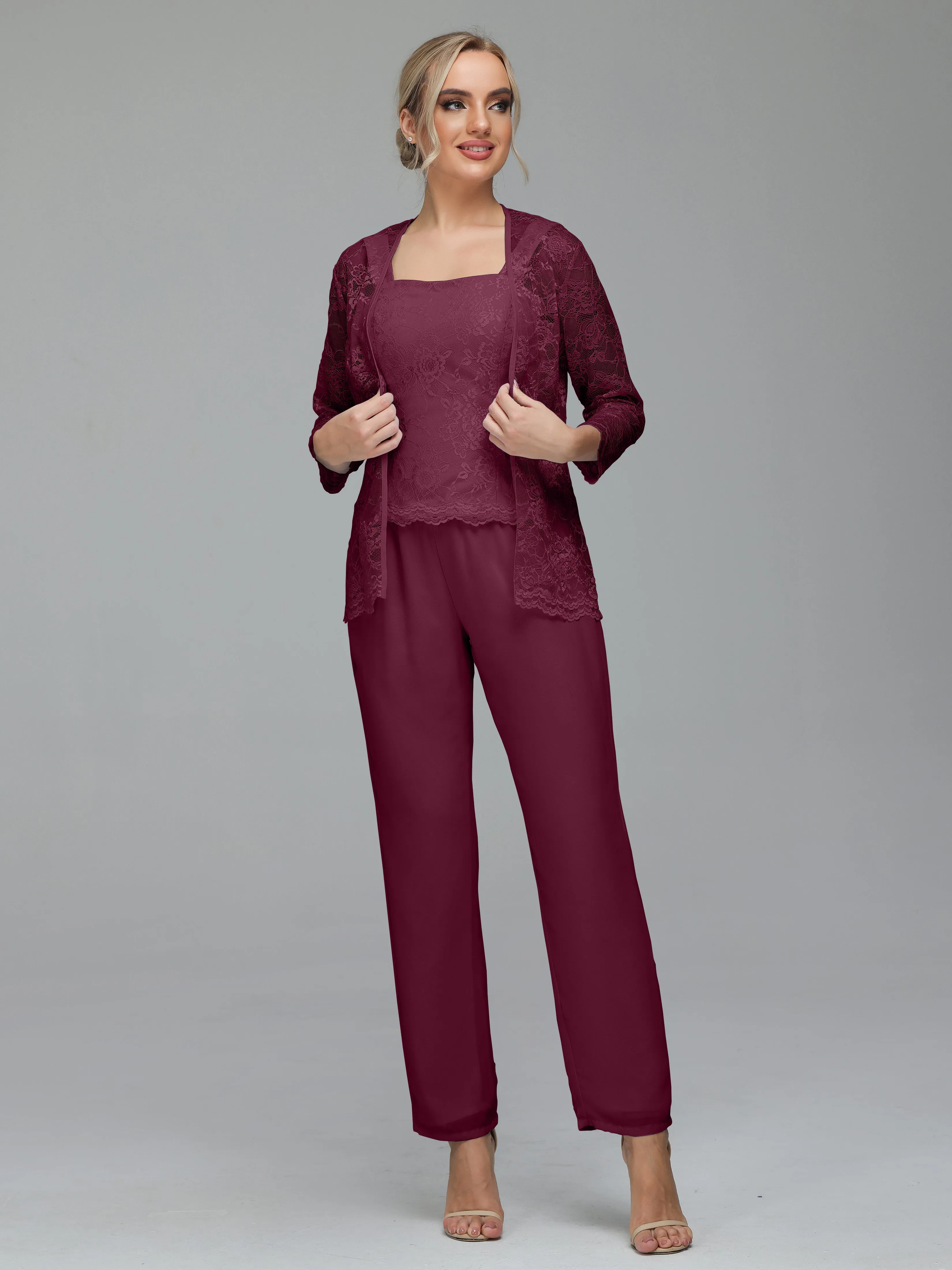 Graceful 3 Pieces Lace Chiffon Mother of Bride Dress Pant Suits