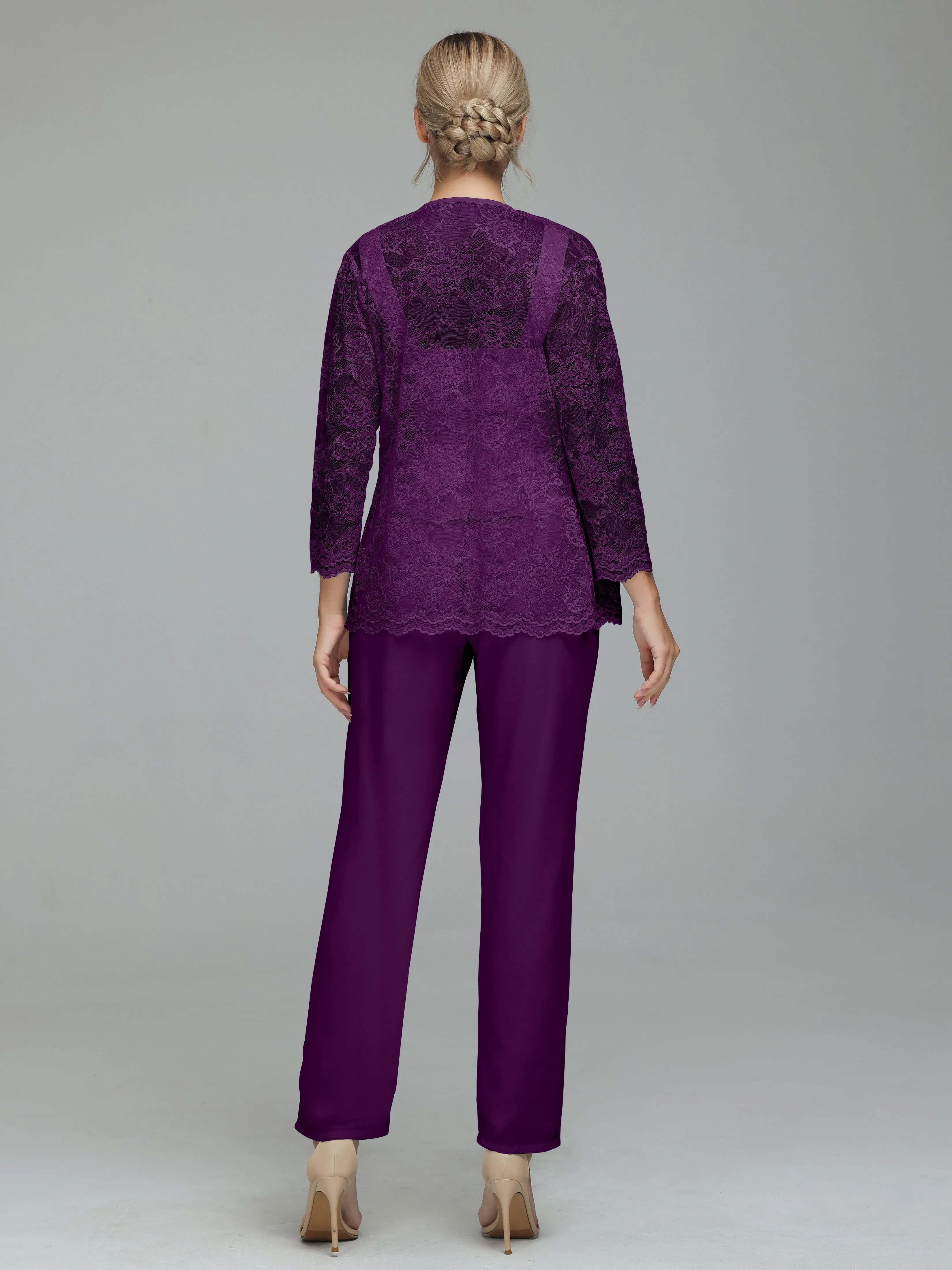 Graceful 3 Pieces Lace Chiffon Mother of Bride Dress Pant Suits