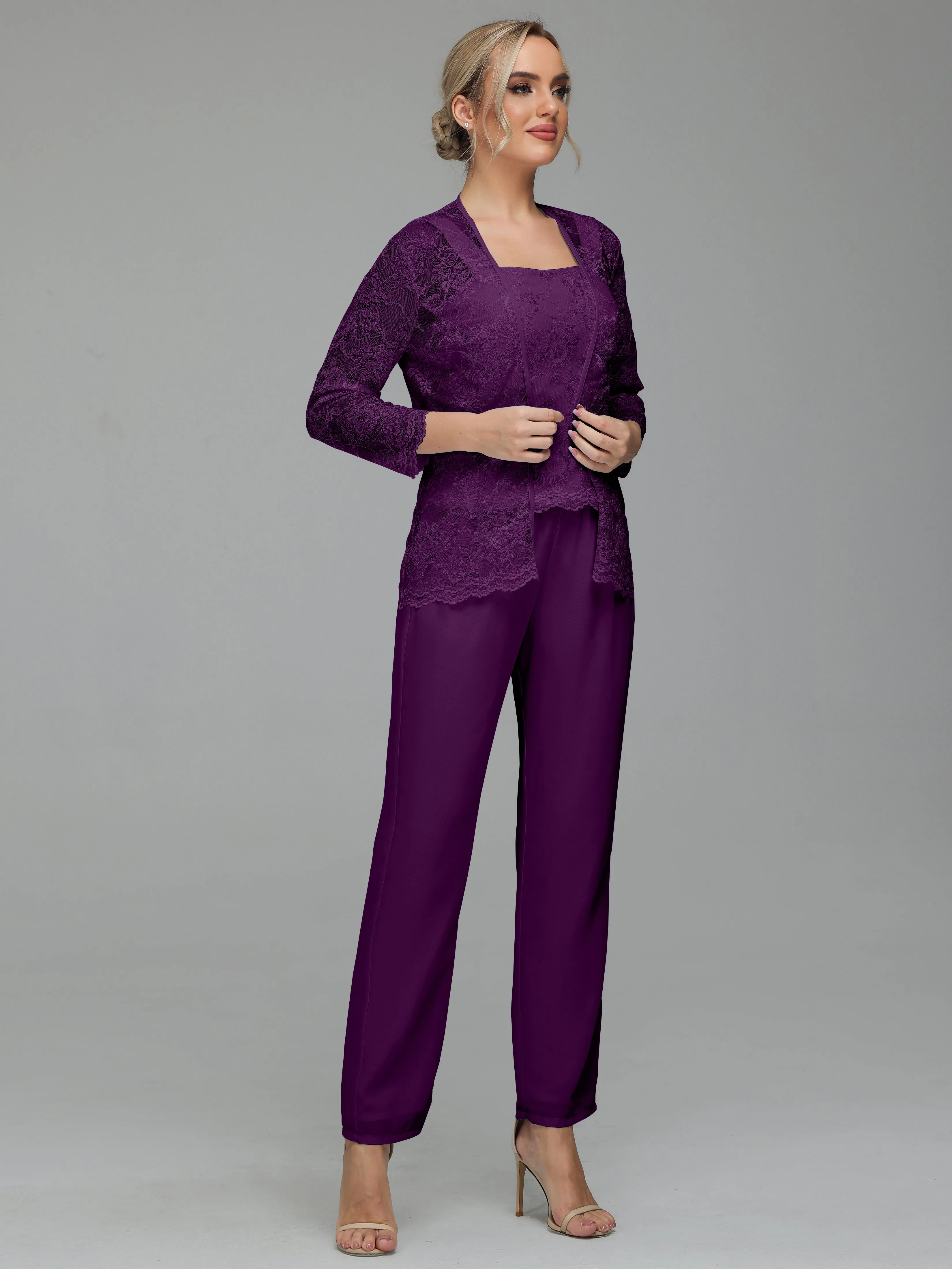 Graceful 3 Pieces Lace Chiffon Mother of Bride Dress Pant Suits