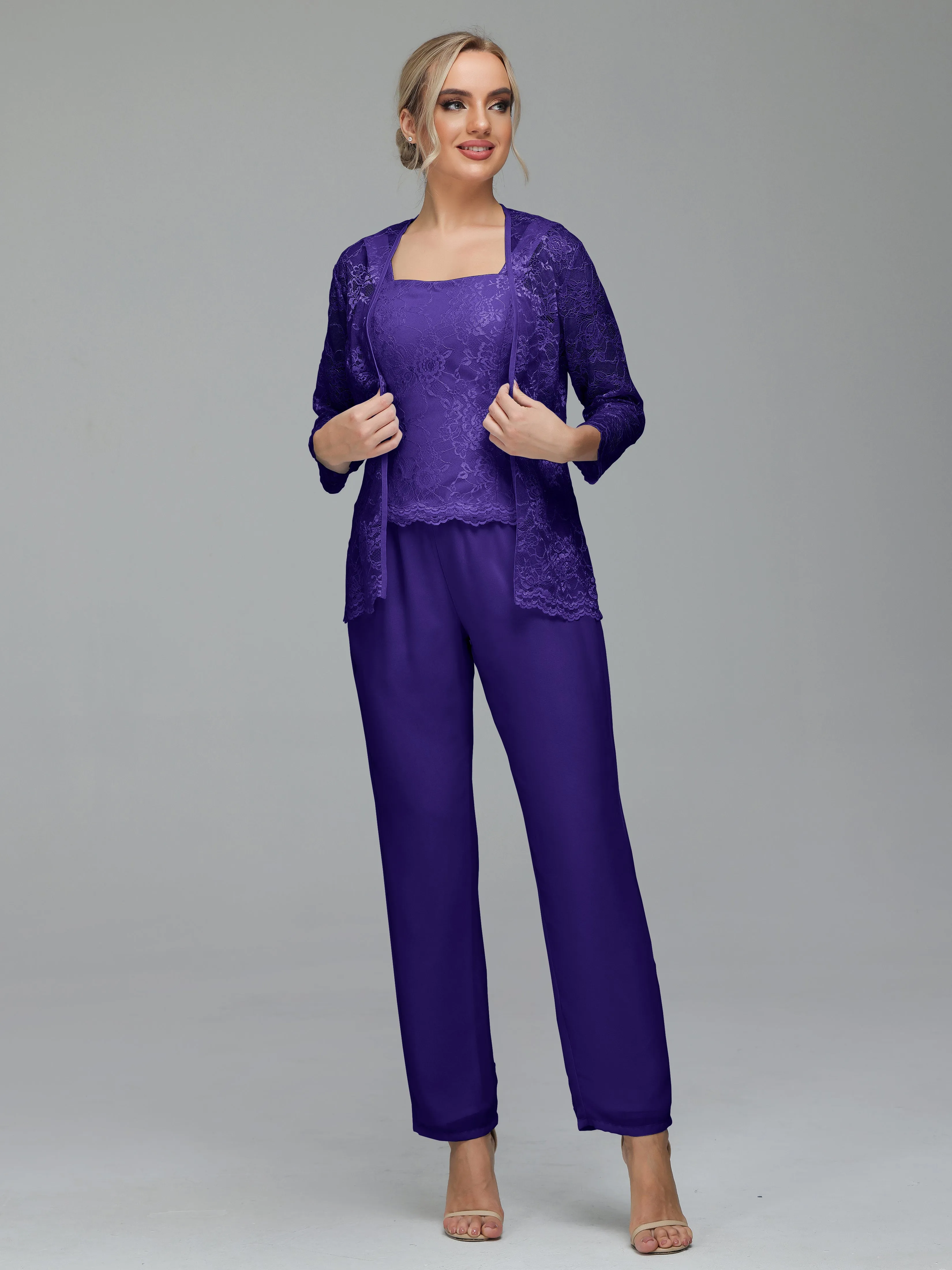 Graceful 3 Pieces Lace Chiffon Mother of Bride Dress Pant Suits