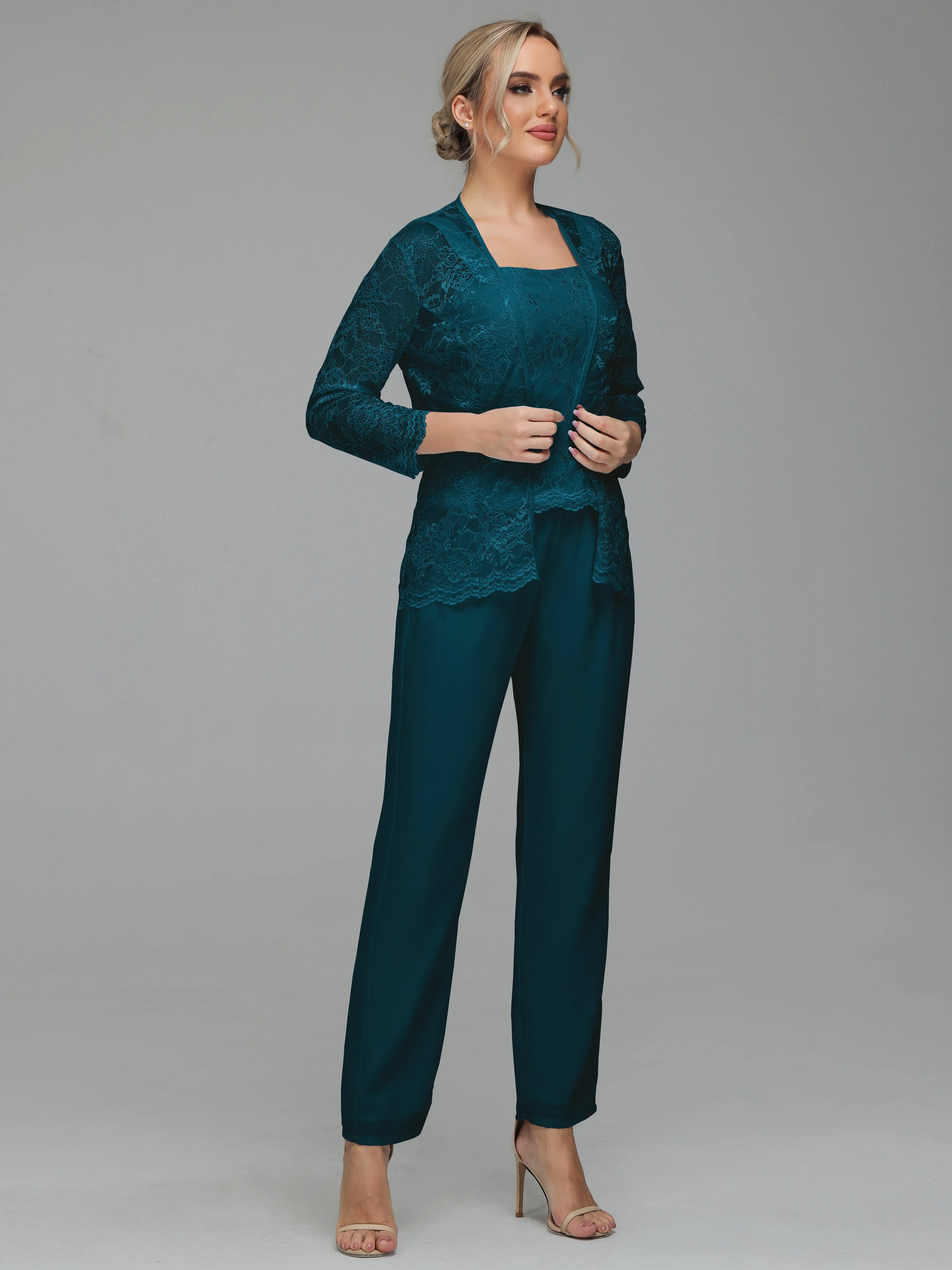 Graceful 3 Pieces Lace Chiffon Mother of Bride Dress Pant Suits
