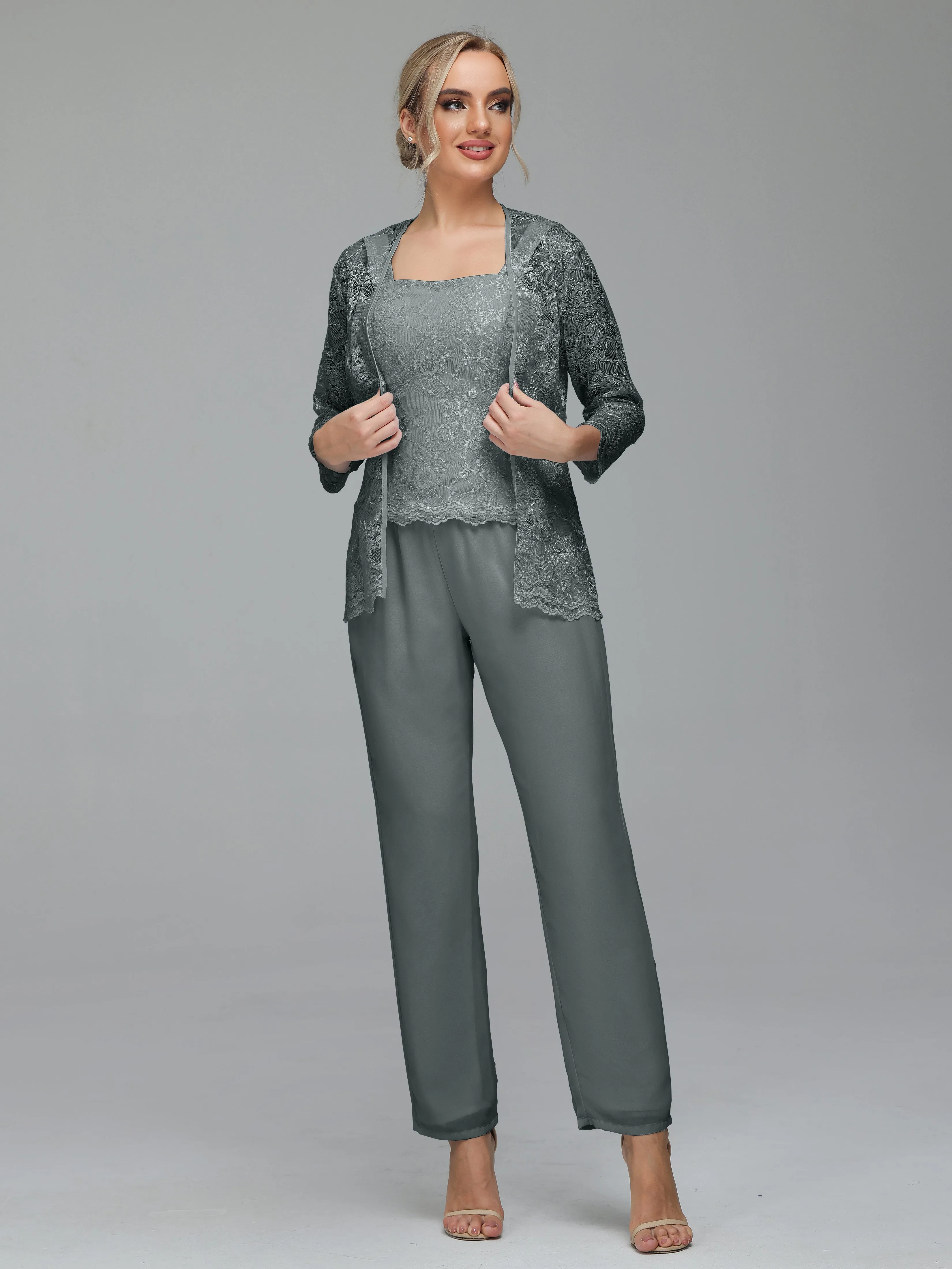 Graceful 3 Pieces Lace Chiffon Mother of Bride Dress Pant Suits