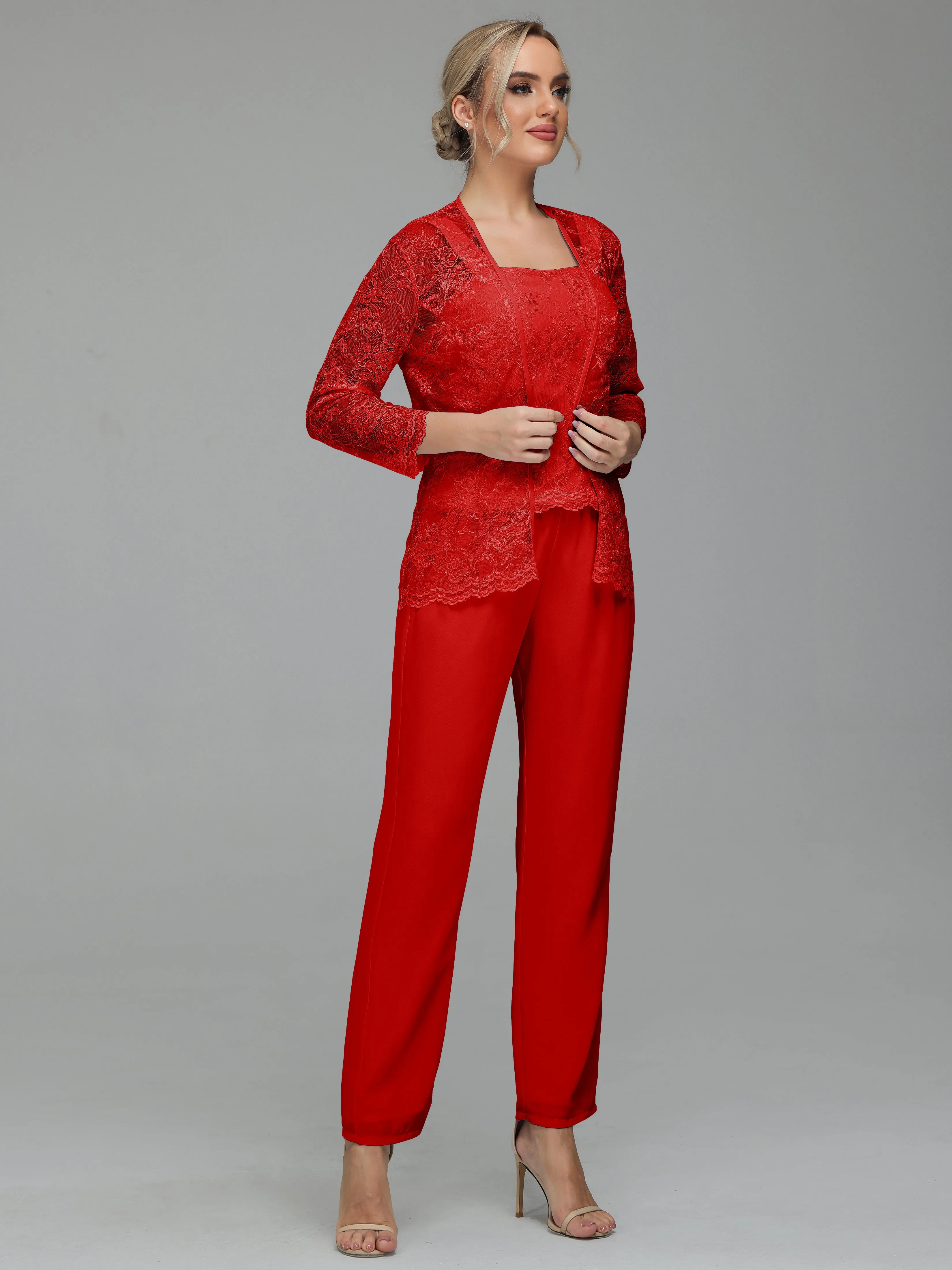 Graceful 3 Pieces Lace Chiffon Mother of Bride Dress Pant Suits