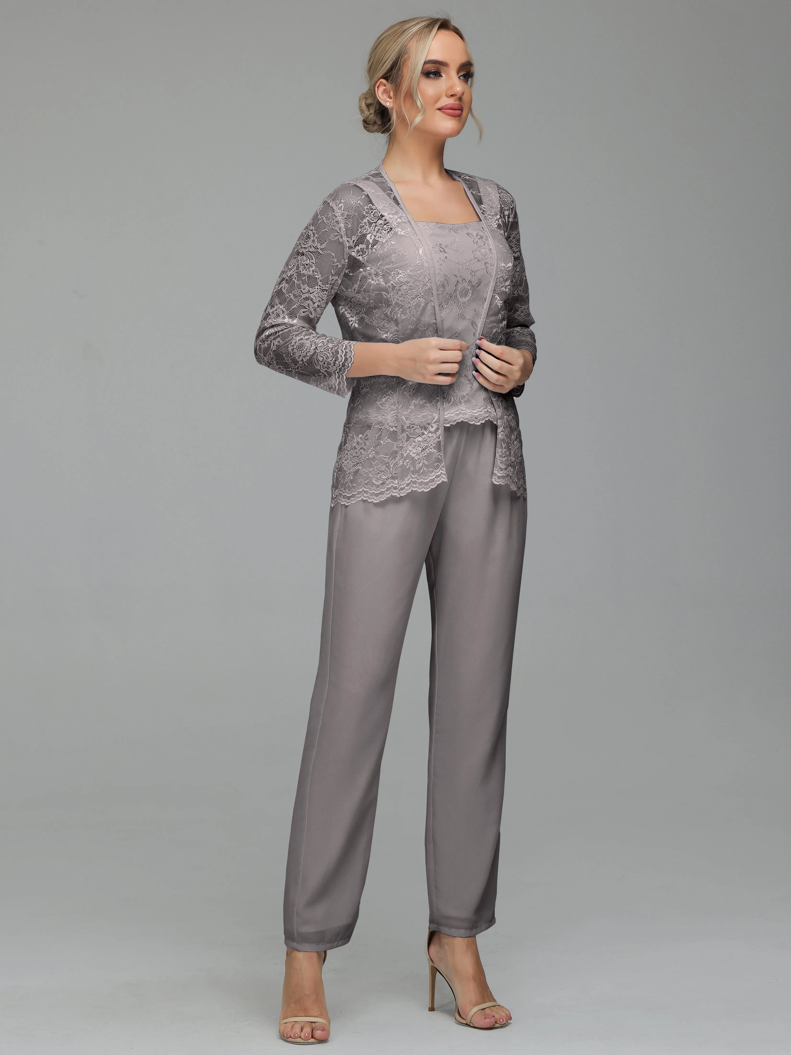 Graceful 3 Pieces Lace Chiffon Mother of Bride Dress Pant Suits