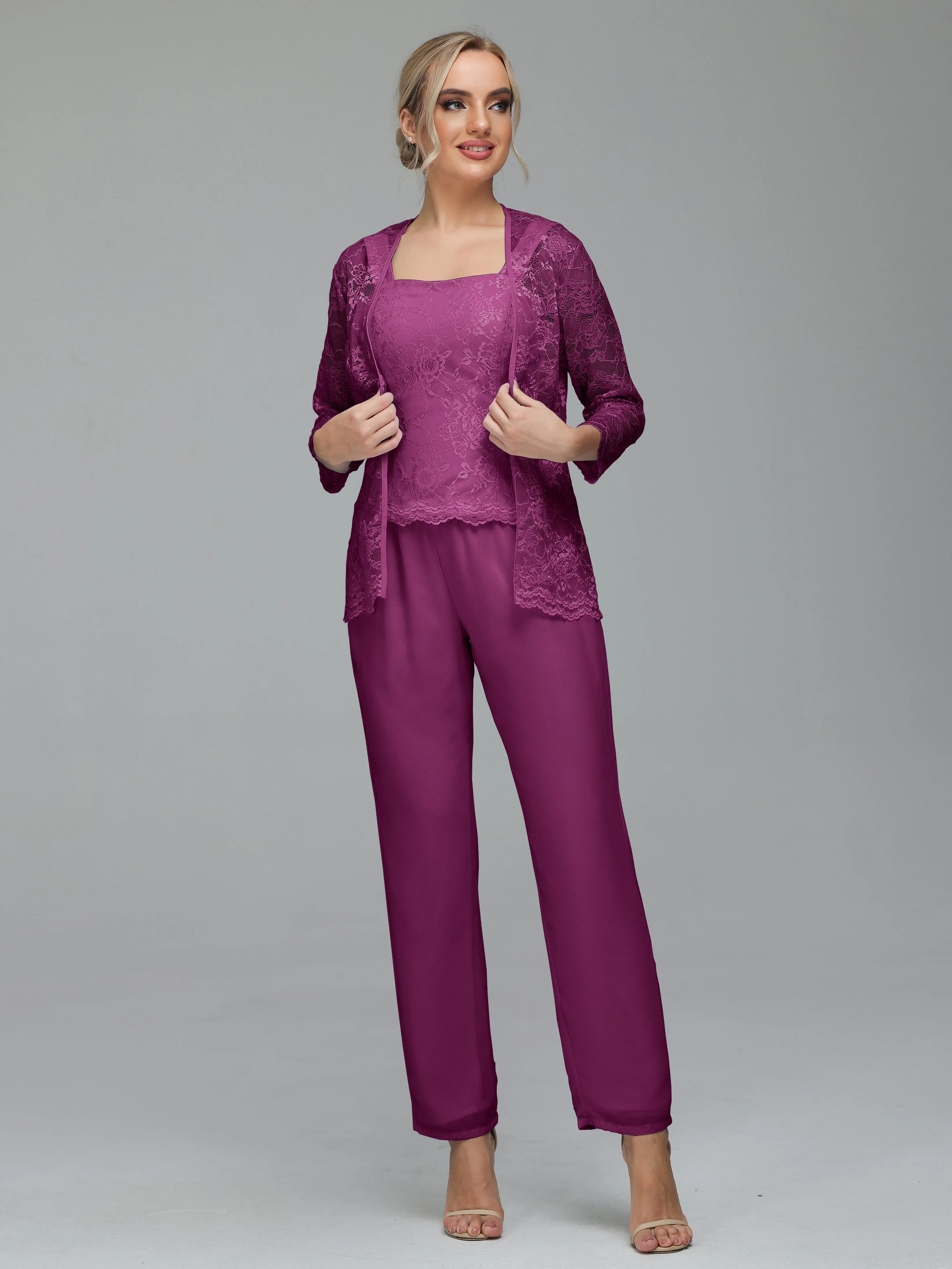 Graceful 3 Pieces Lace Chiffon Mother of Bride Dress Pant Suits