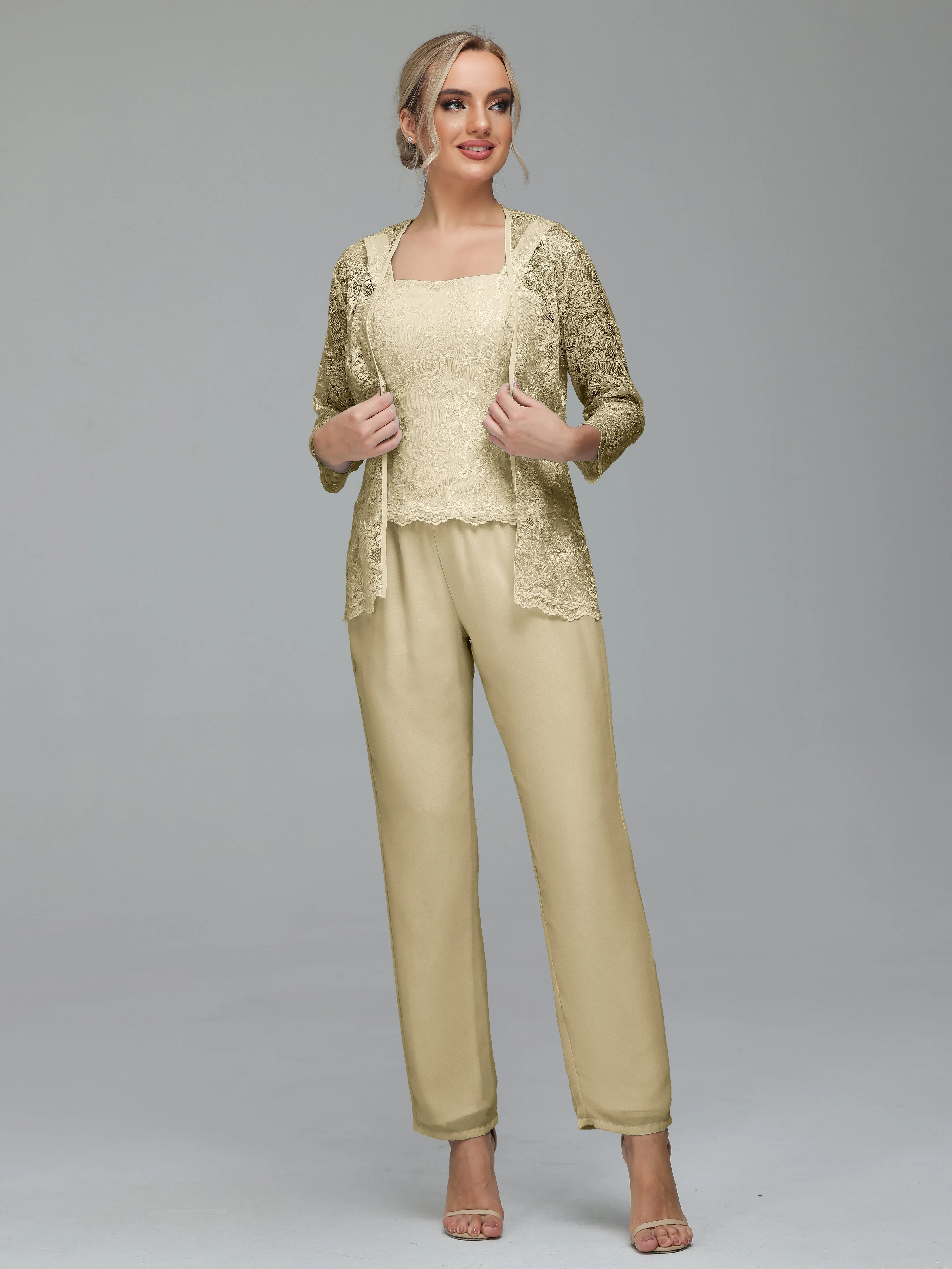 Graceful 3 Pieces Lace Chiffon Mother of Bride Dress Pant Suits
