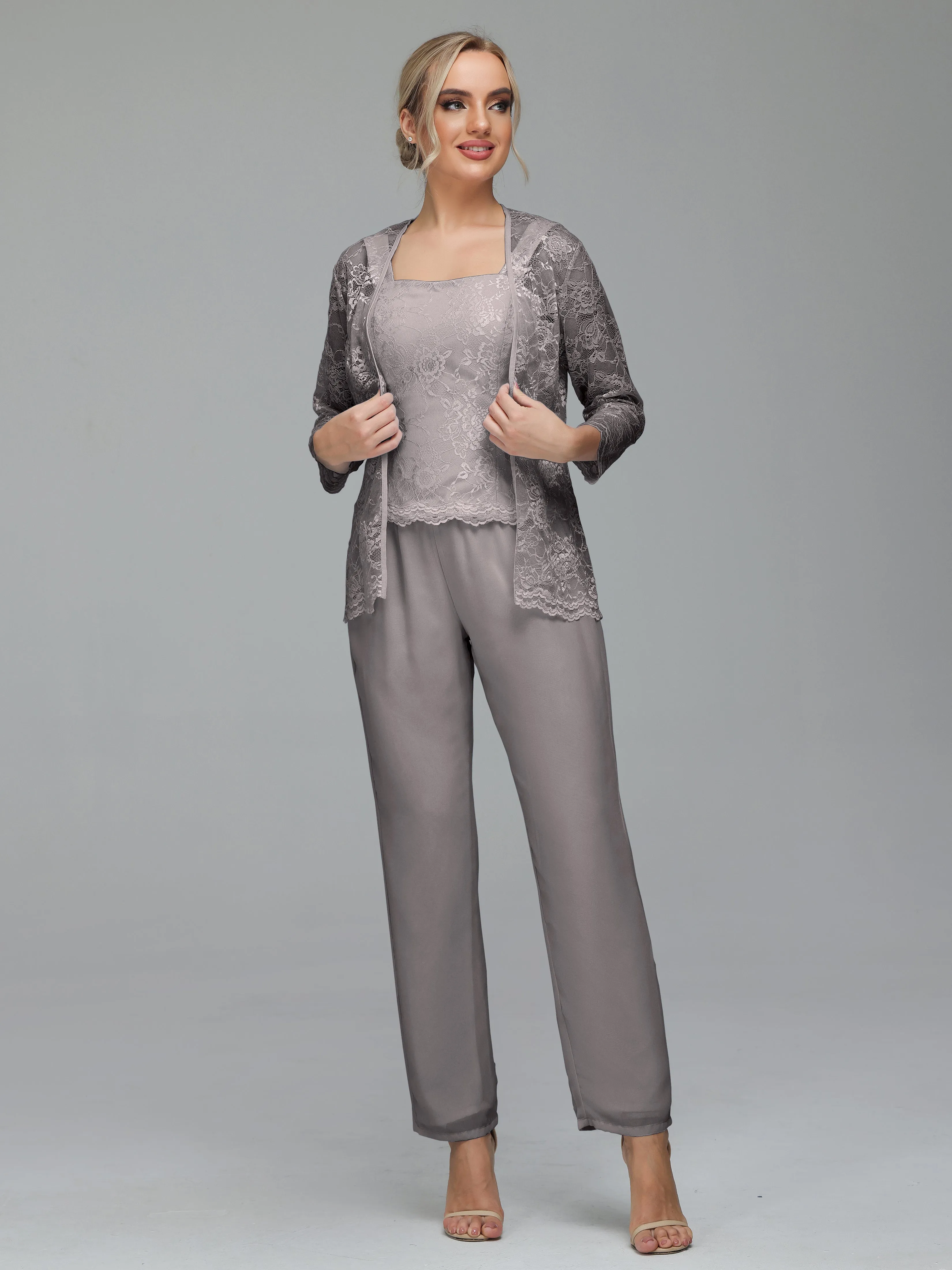 Graceful 3 Pieces Lace Chiffon Mother of Bride Dress Pant Suits