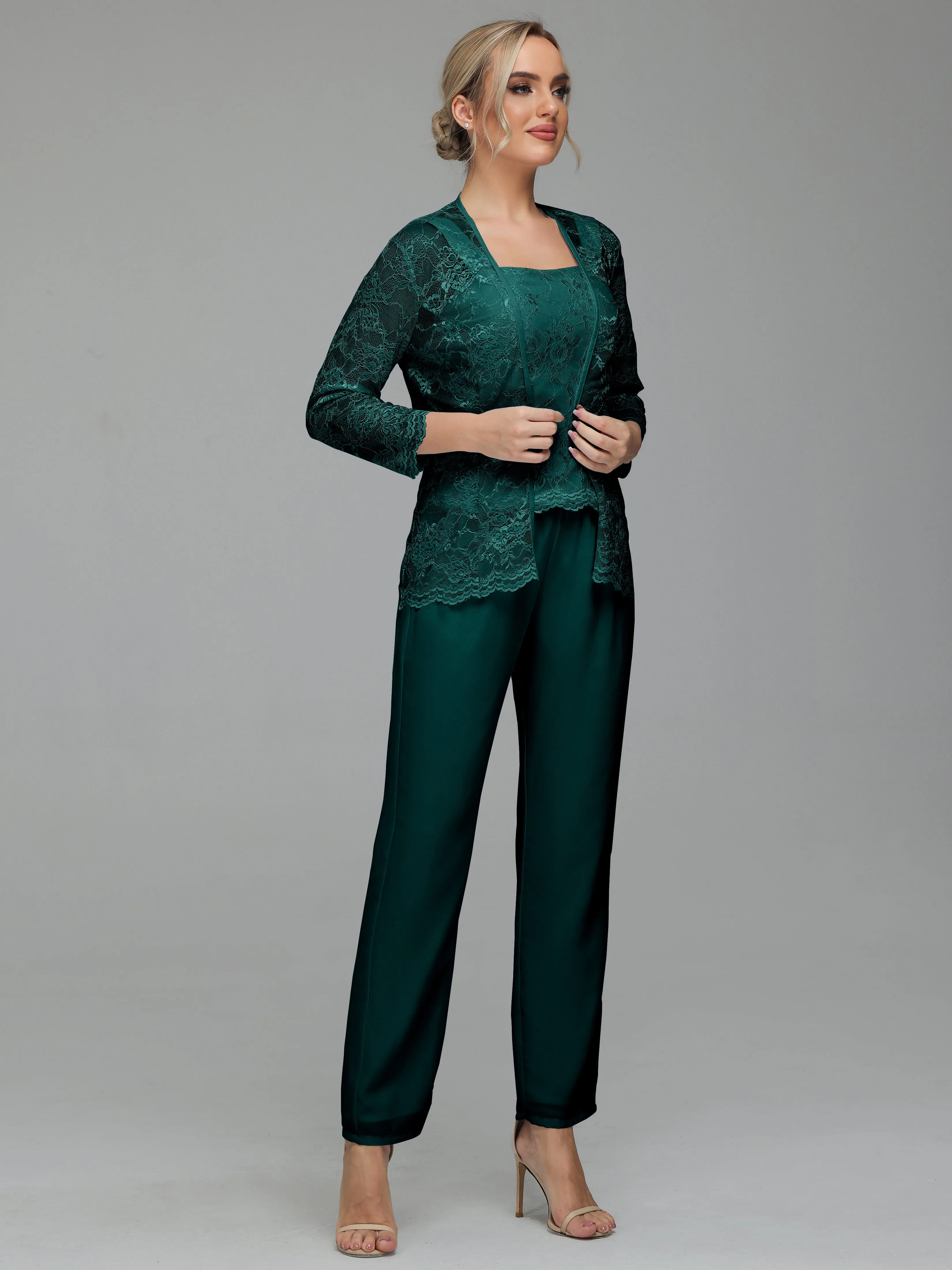 Graceful 3 Pieces Lace Chiffon Mother of Bride Dress Pant Suits