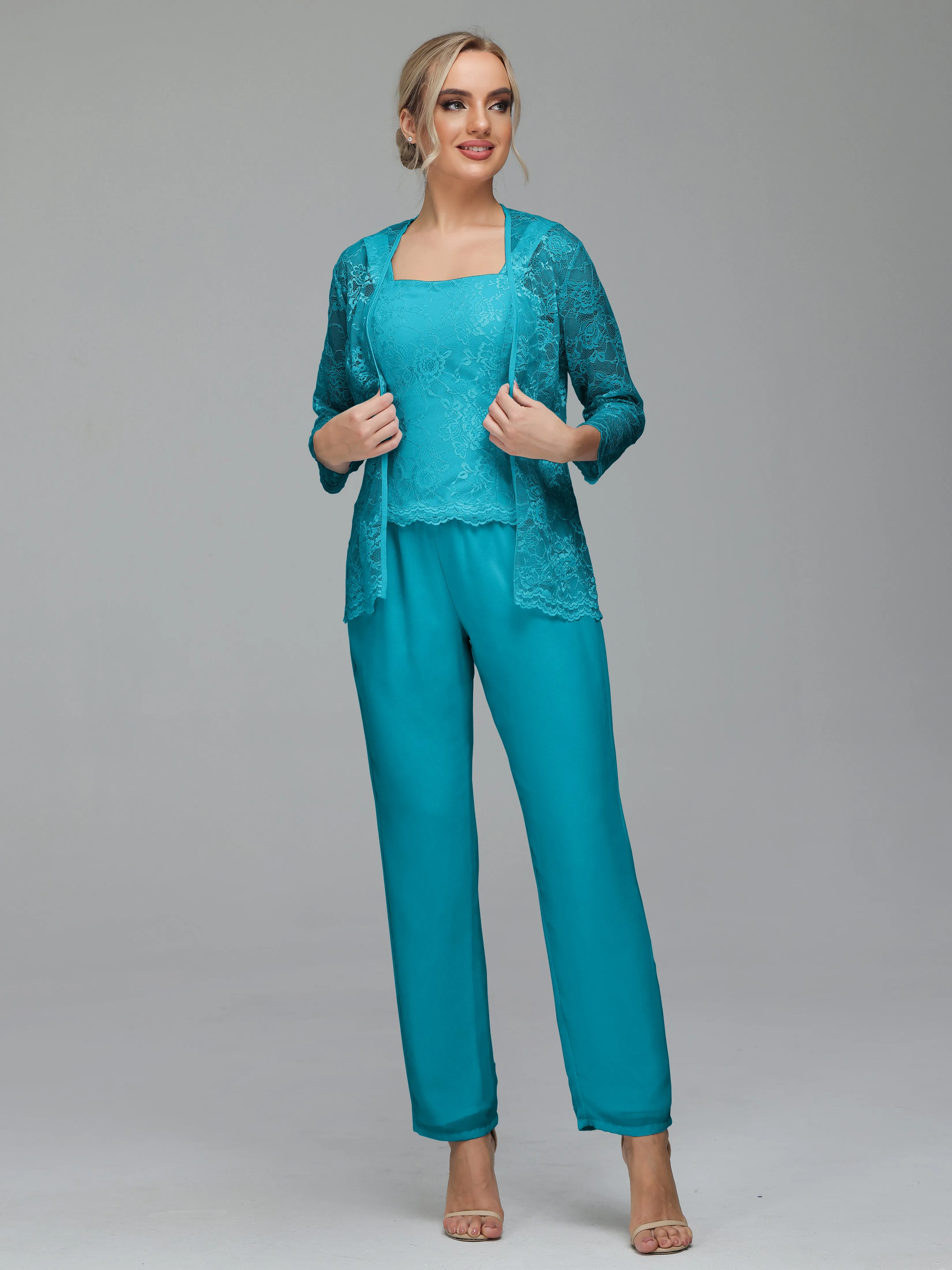 Graceful 3 Pieces Lace Chiffon Mother of Bride Dress Pant Suits