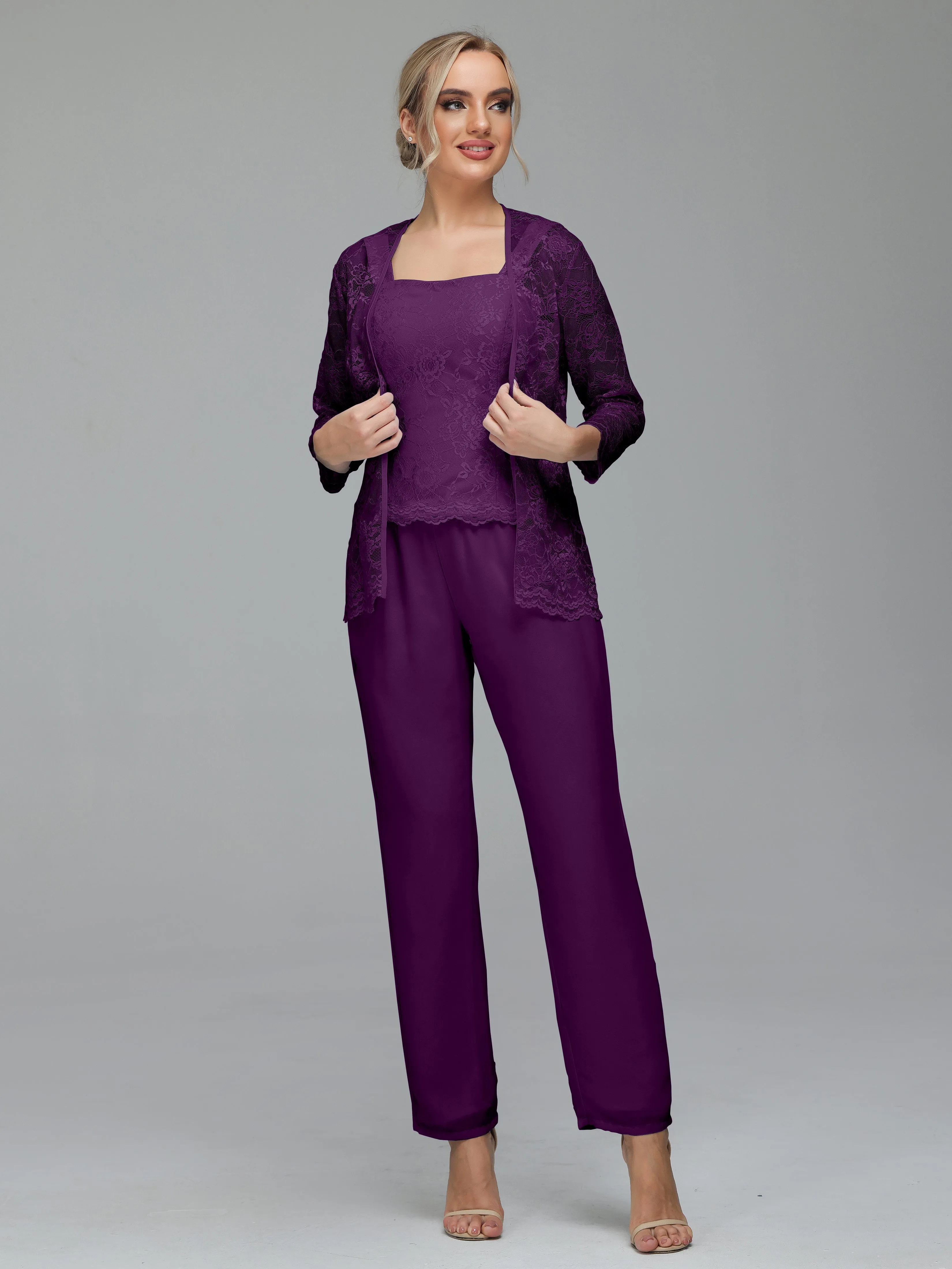 Graceful 3 Pieces Lace Chiffon Mother of Bride Dress Pant Suits
