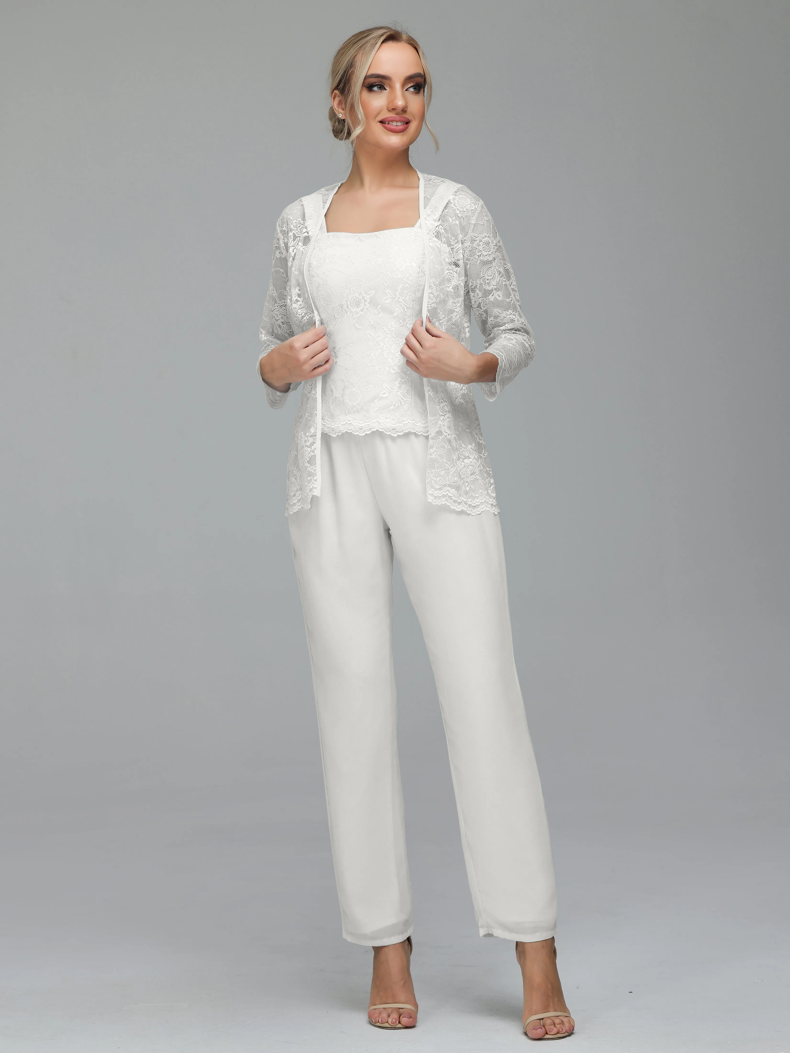 Graceful 3 Pieces Lace Chiffon Mother of Bride Dress Pant Suits