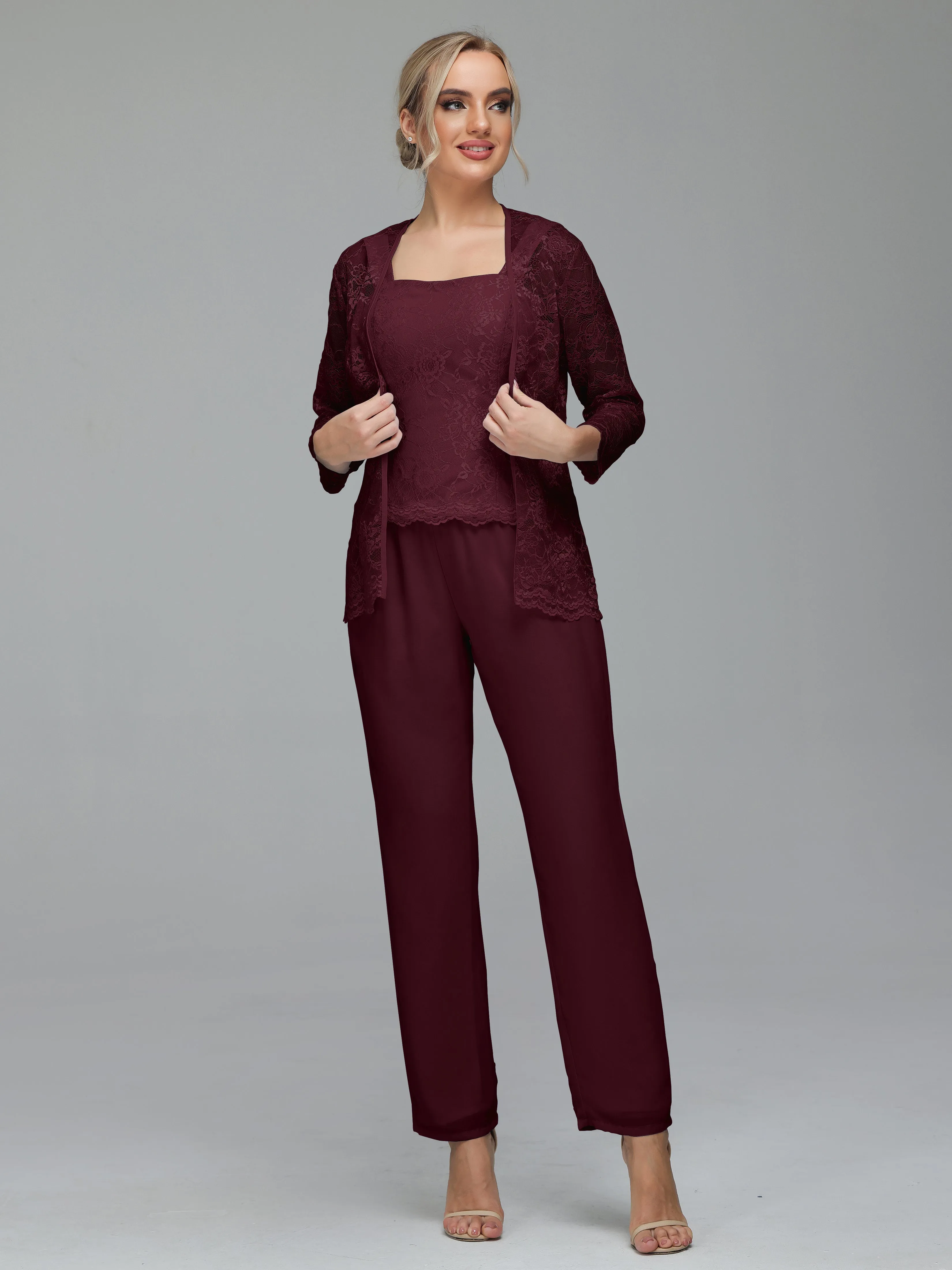 Graceful 3 Pieces Lace Chiffon Mother of Bride Dress Pant Suits