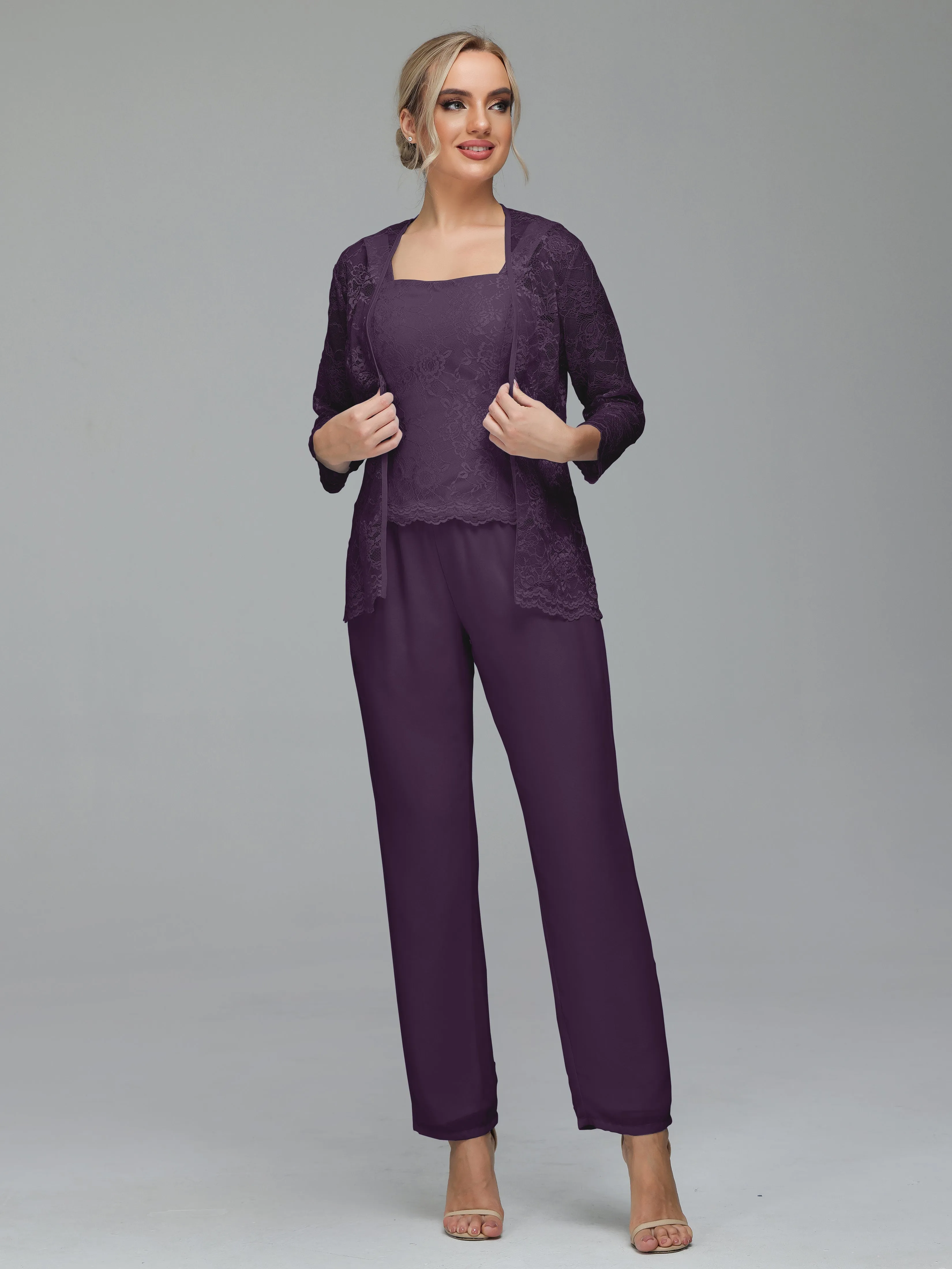 Graceful 3 Pieces Lace Chiffon Mother of Bride Dress Pant Suits