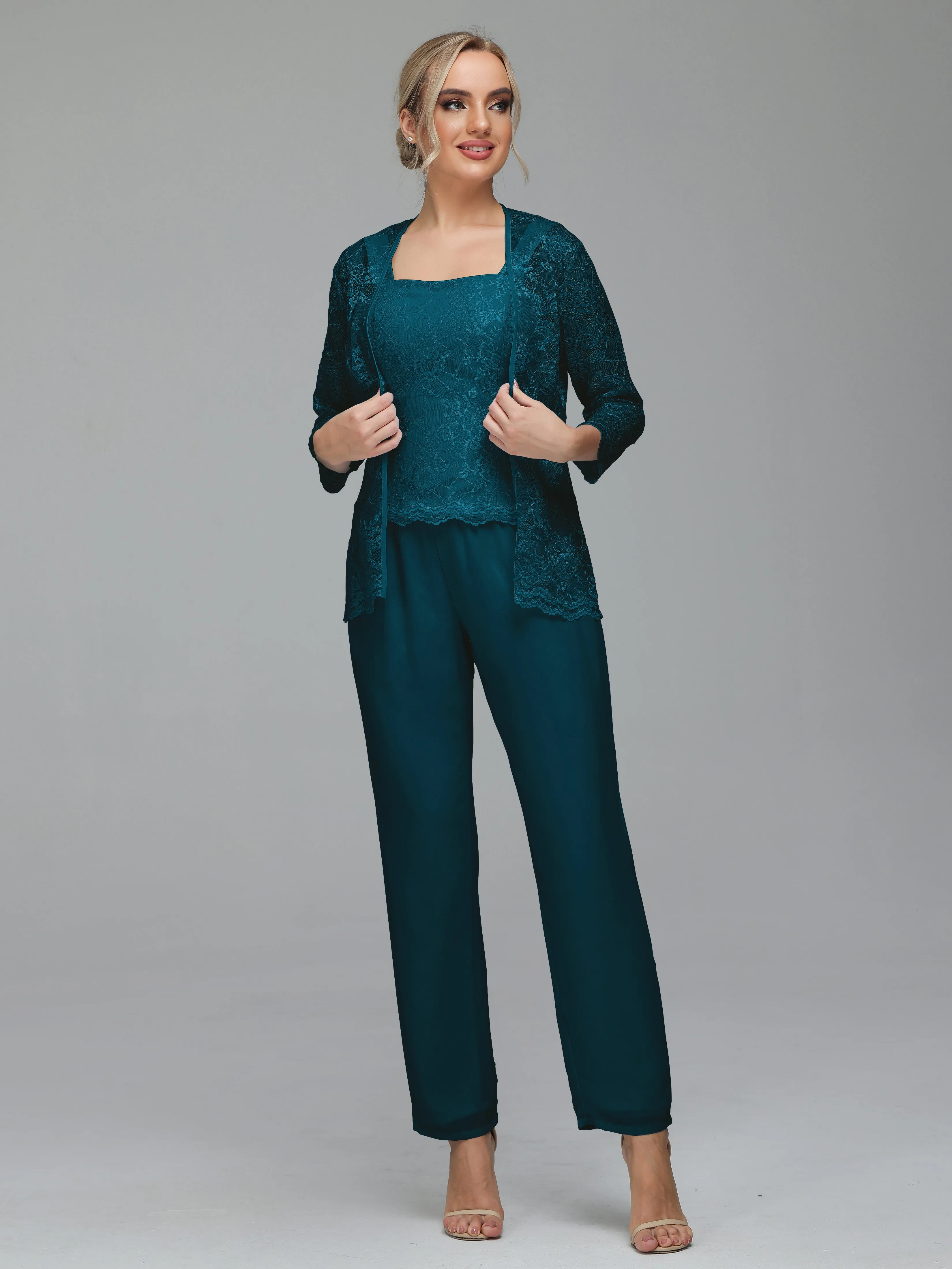 Graceful 3 Pieces Lace Chiffon Mother of Bride Dress Pant Suits