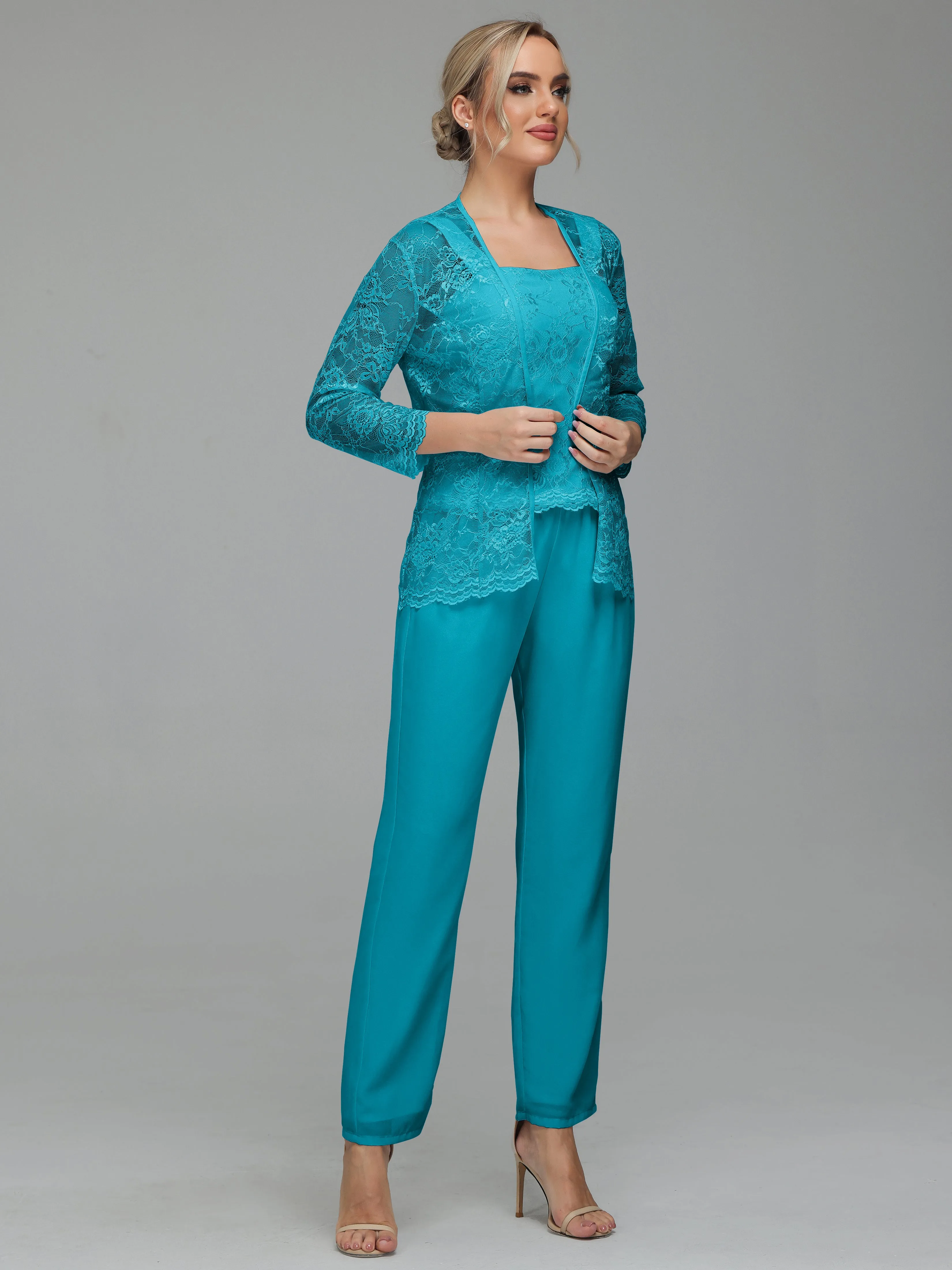Graceful 3 Pieces Lace Chiffon Mother of Bride Dress Pant Suits