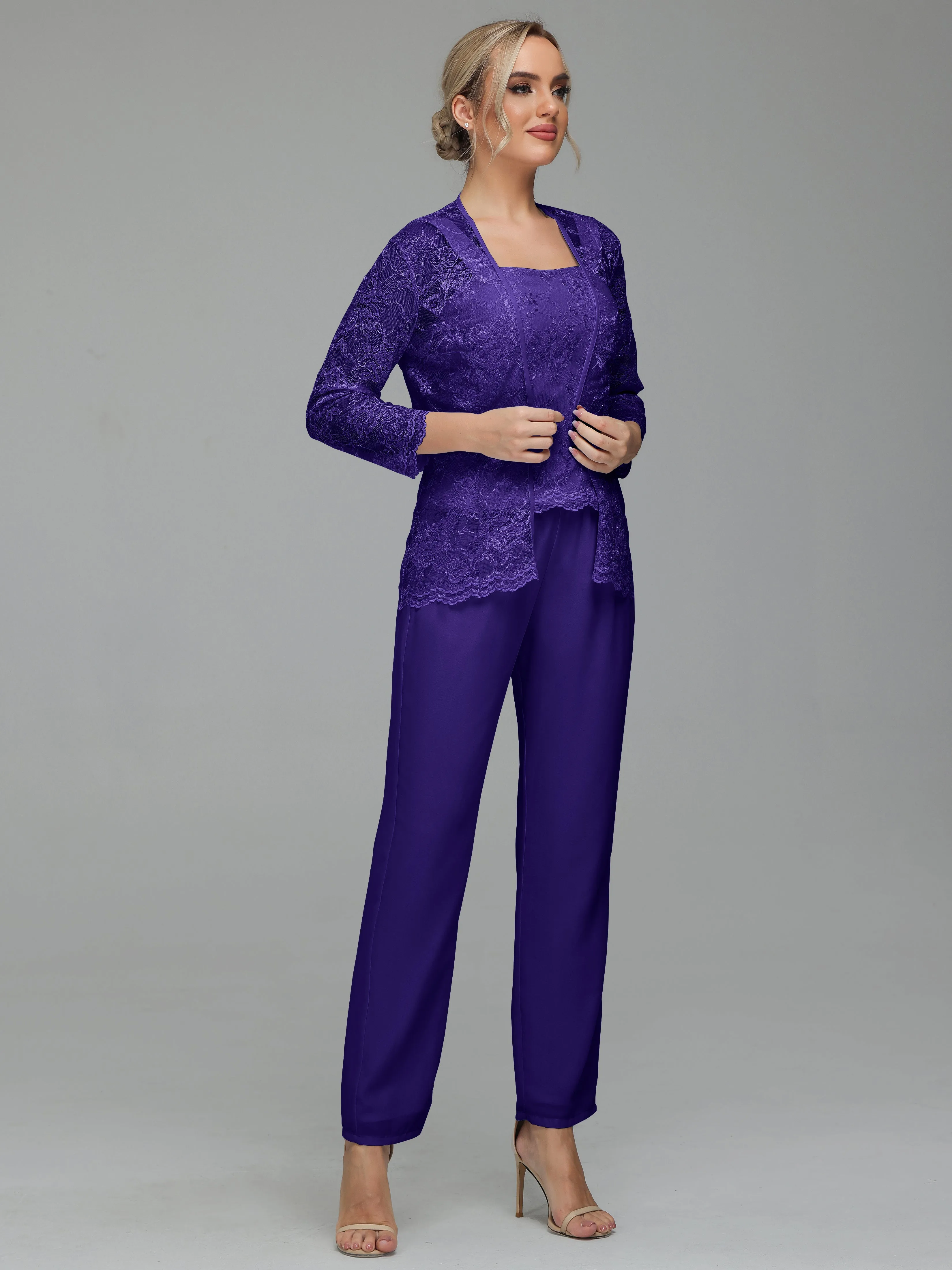 Graceful 3 Pieces Lace Chiffon Mother of Bride Dress Pant Suits