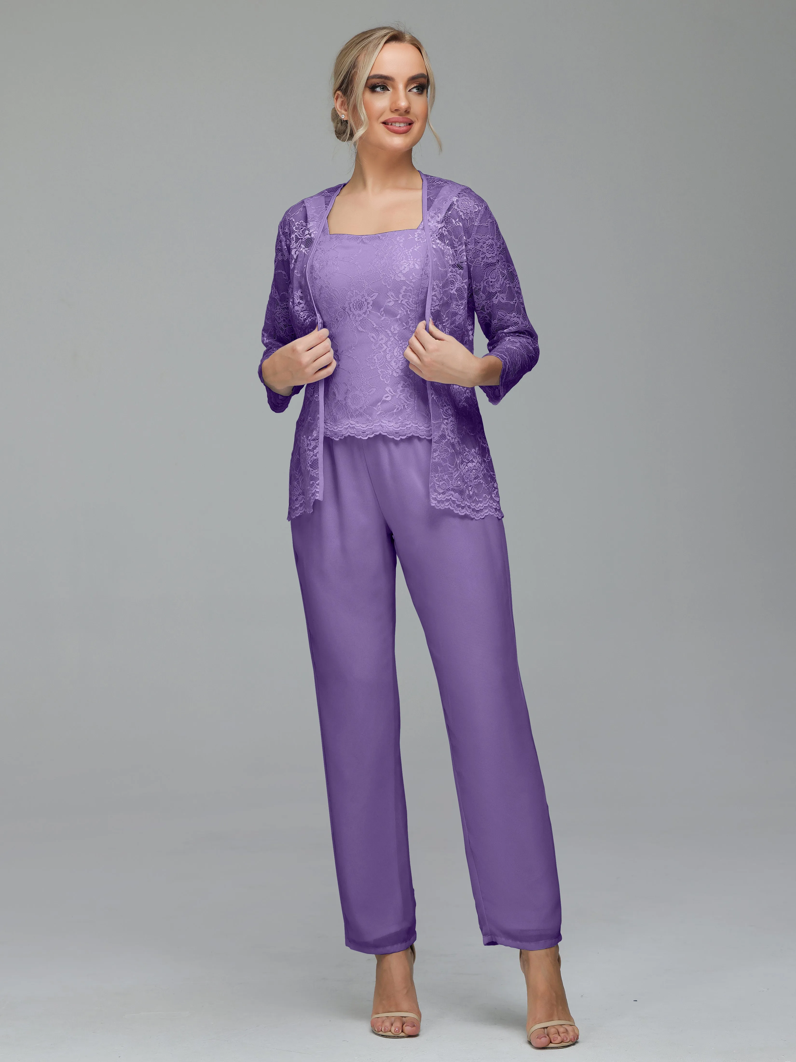 Graceful 3 Pieces Lace Chiffon Mother of Bride Dress Pant Suits