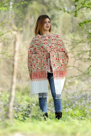 GREAT COMBINATION ON IVORY WHITE Colour Stole With Graceful Border Pattern Of Kashmiri Embroidery Makes It An Ideal Wear.