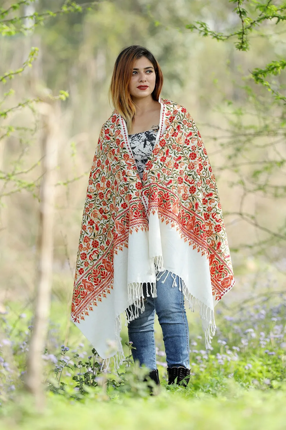 GREAT COMBINATION ON IVORY WHITE Colour Stole With Graceful Border Pattern Of Kashmiri Embroidery Makes It An Ideal Wear.