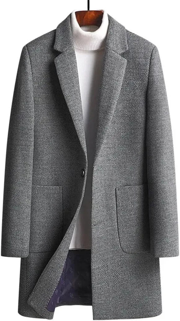 Haitpant Business Wool Long Coat For Men, Winter Solid Padded Cotton Woolen Trench Coat Youth Korean Clothing