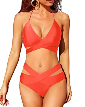 High Waisted Bikini Sets 2 Piece Push Up Swimsuit Halter Wrap Bathing Suit-Neon Orange