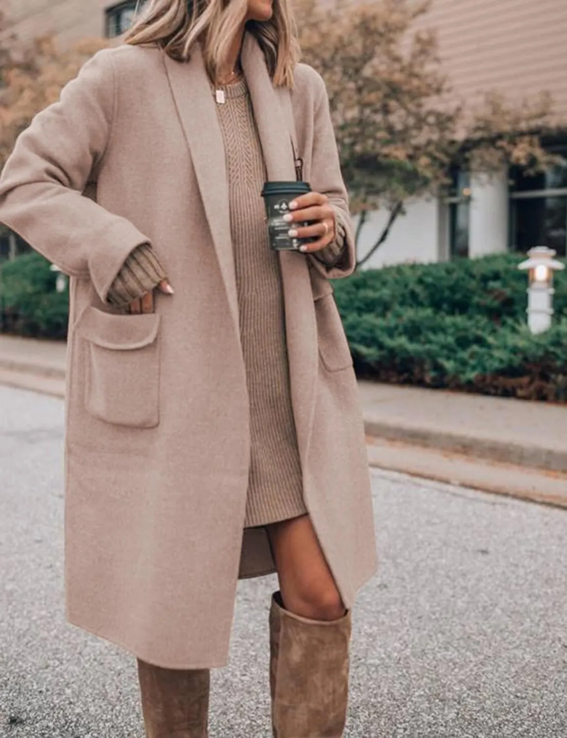 Hooever Women's Long Cardigan Wool Coat Open Front Pockets Warm Lapel Jacket Coat Fall Outerwear