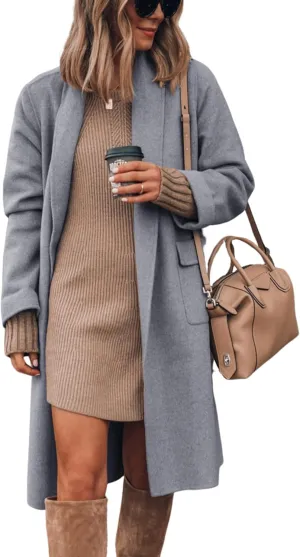 Hooever Women's Long Cardigan Wool Coat Open Front Pockets Warm Lapel Jacket Coat Fall Outerwear