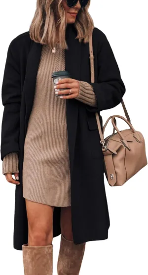 Hooever Women's Long Cardigan Wool Coat Open Front Pockets Warm Lapel Jacket Coat Fall Outerwear
