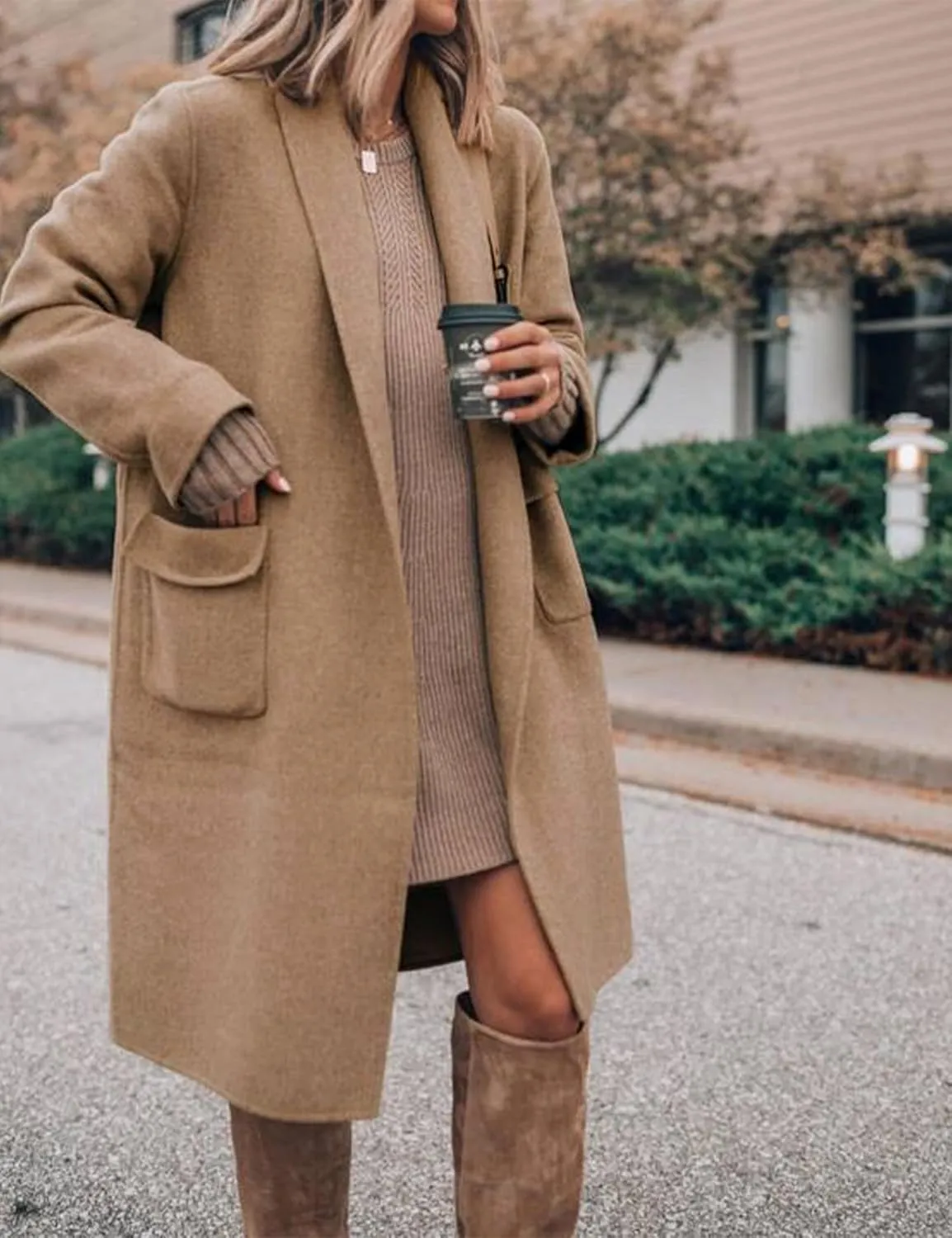 Hooever Women's Long Cardigan Wool Coat Open Front Pockets Warm Lapel Jacket Coat Fall Outerwear