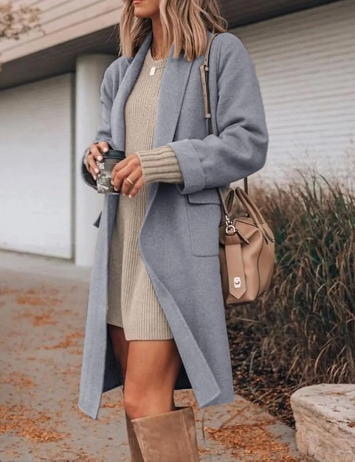 Hooever Women's Long Cardigan Wool Coat Open Front Pockets Warm Lapel Jacket Coat Fall Outerwear