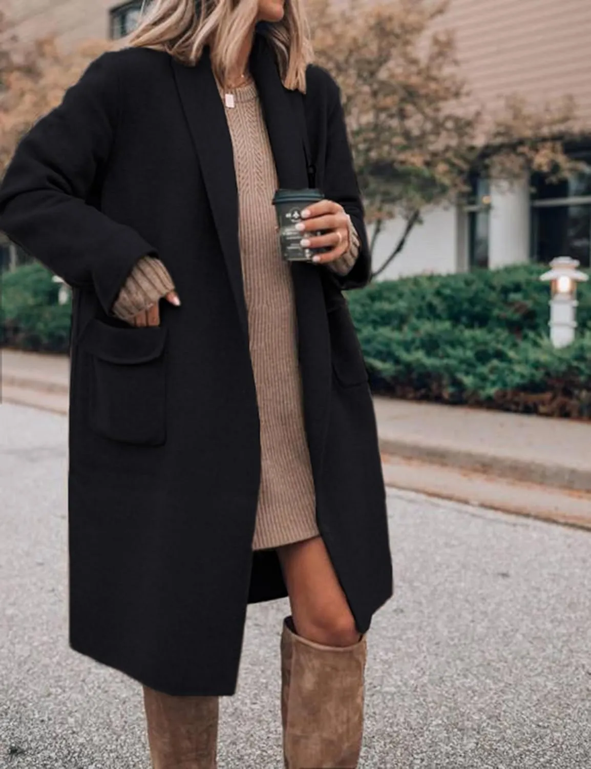 Hooever Women's Long Cardigan Wool Coat Open Front Pockets Warm Lapel Jacket Coat Fall Outerwear