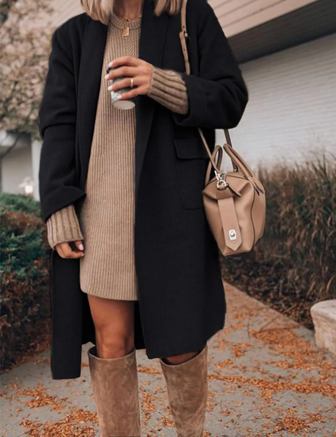 Hooever Women's Long Cardigan Wool Coat Open Front Pockets Warm Lapel Jacket Coat Fall Outerwear