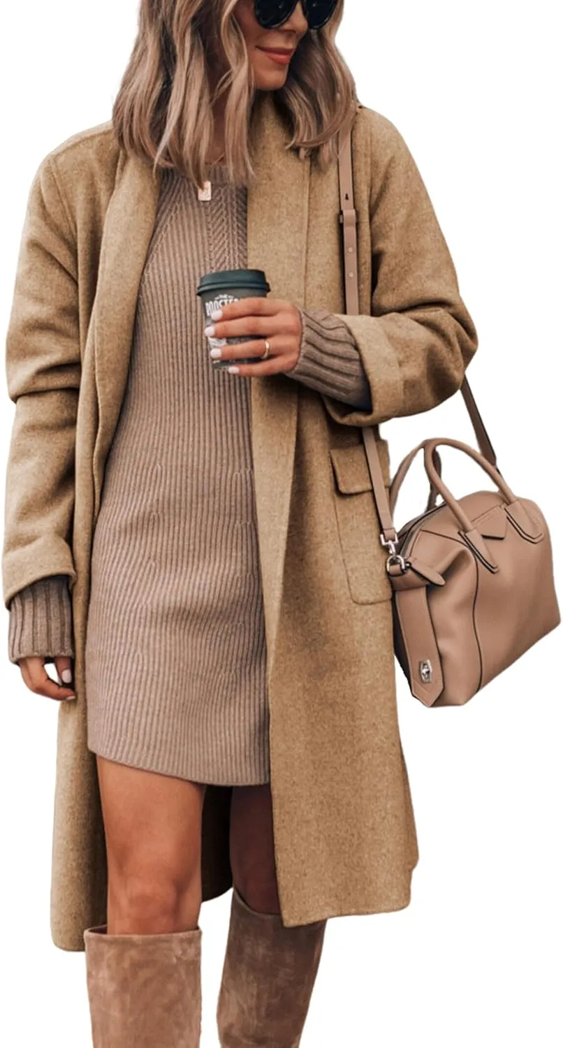 Hooever Women's Long Cardigan Wool Coat Open Front Pockets Warm Lapel Jacket Coat Fall Outerwear