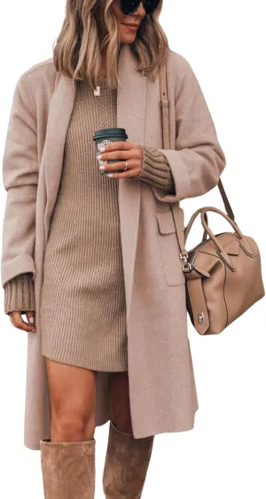 Hooever Women's Long Cardigan Wool Coat Open Front Pockets Warm Lapel Jacket Coat Fall Outerwear
