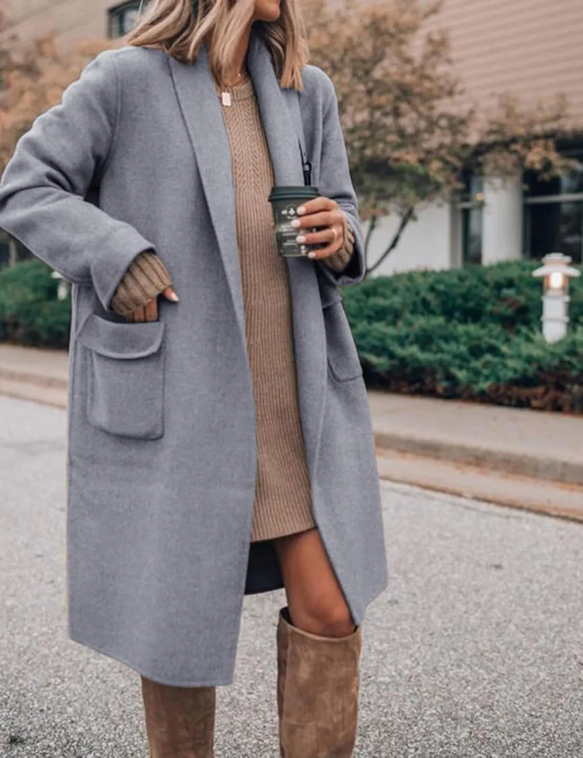 Hooever Women's Long Cardigan Wool Coat Open Front Pockets Warm Lapel Jacket Coat Fall Outerwear