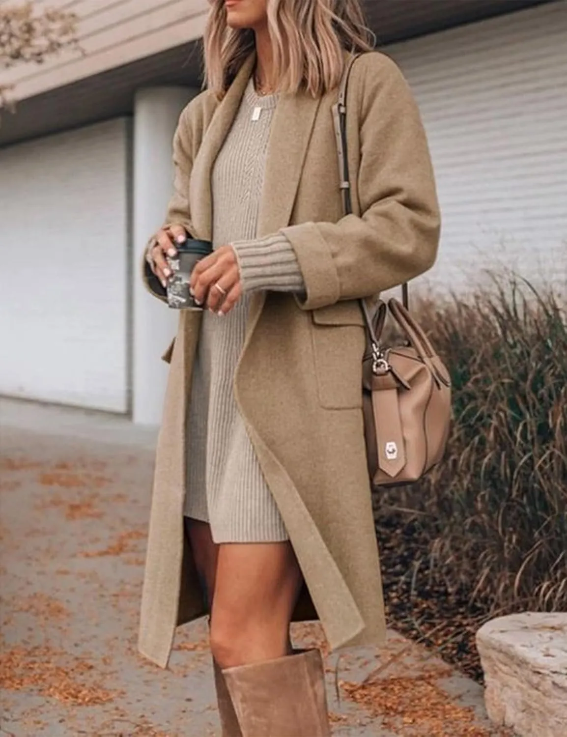 Hooever Women's Long Cardigan Wool Coat Open Front Pockets Warm Lapel Jacket Coat Fall Outerwear