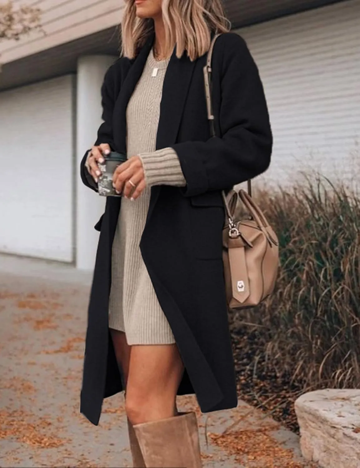 Hooever Women's Long Cardigan Wool Coat Open Front Pockets Warm Lapel Jacket Coat Fall Outerwear