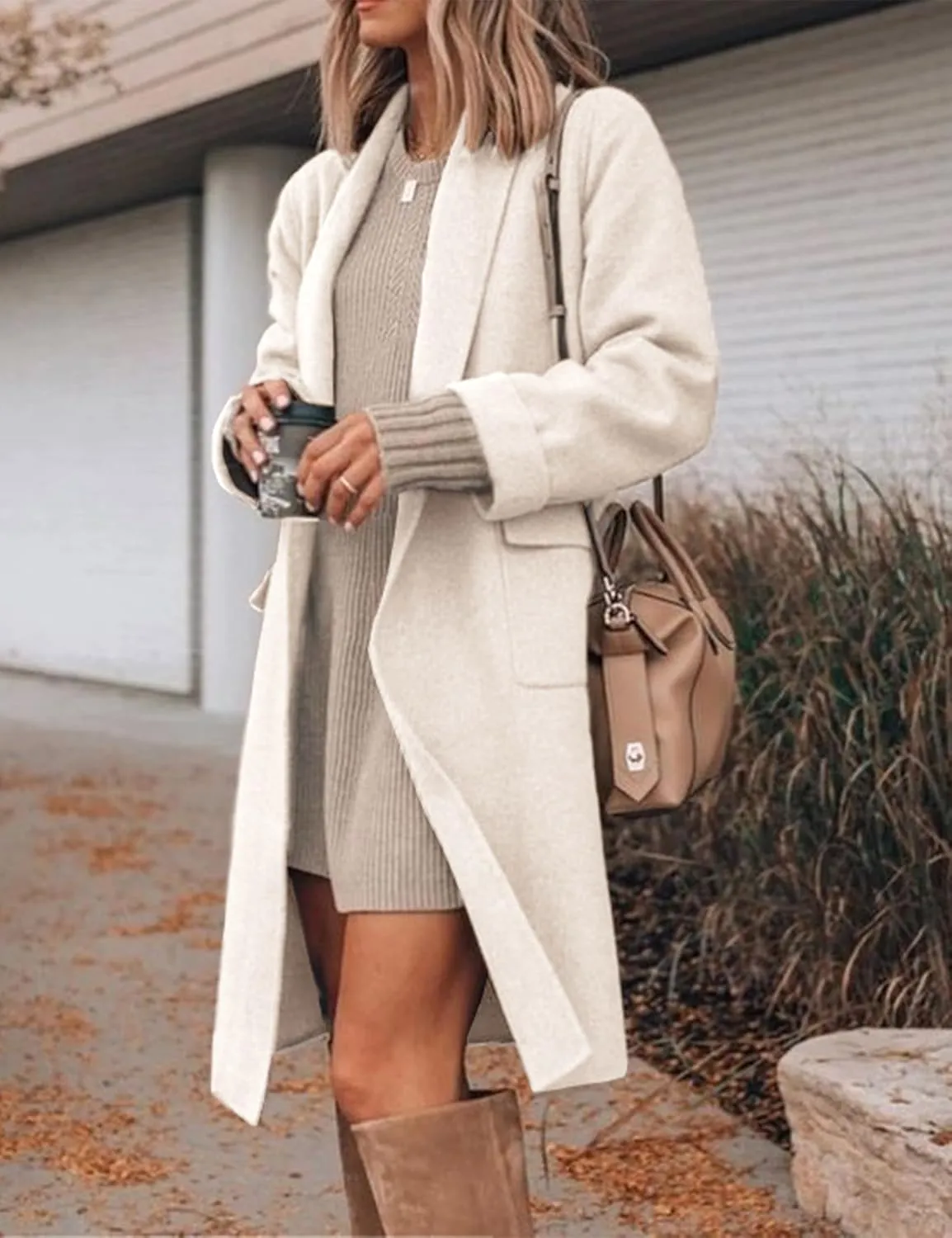 Hooever Women's Long Cardigan Wool Coat Open Front Pockets Warm Lapel Jacket Coat Fall Outerwear