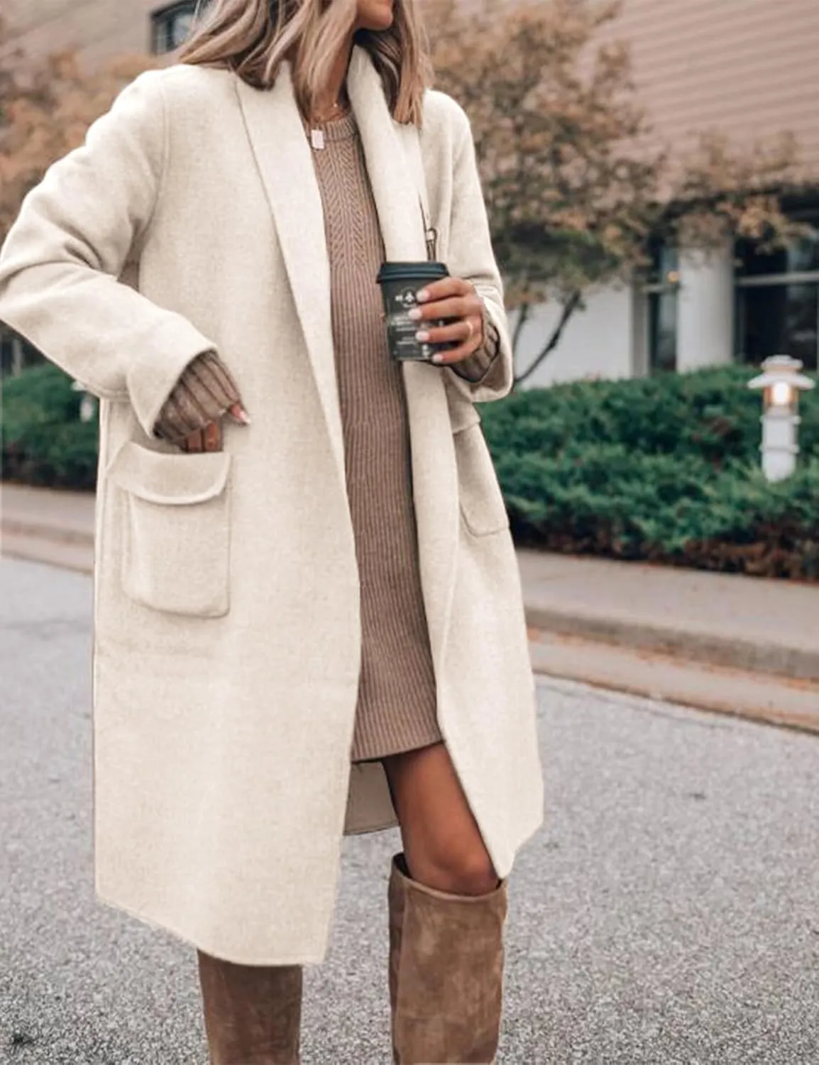 Hooever Women's Long Cardigan Wool Coat Open Front Pockets Warm Lapel Jacket Coat Fall Outerwear