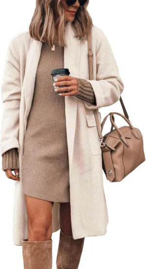 Hooever Women's Long Cardigan Wool Coat Open Front Pockets Warm Lapel Jacket Coat Fall Outerwear