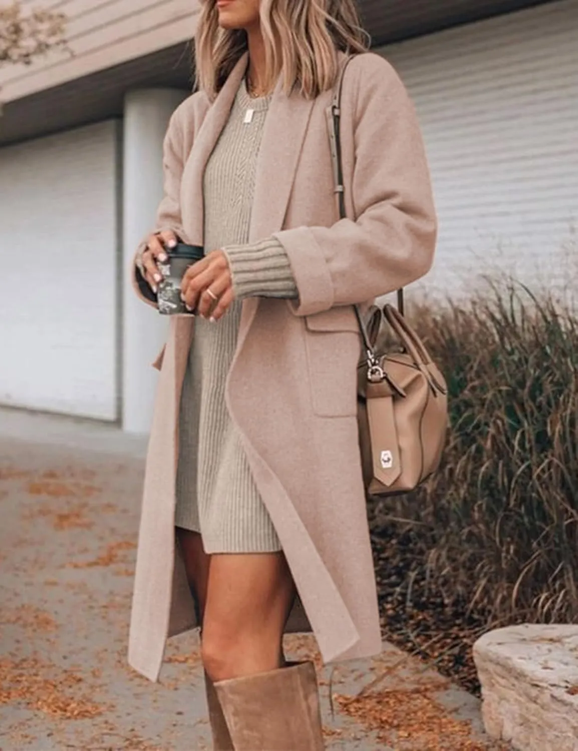 Hooever Women's Long Cardigan Wool Coat Open Front Pockets Warm Lapel Jacket Coat Fall Outerwear
