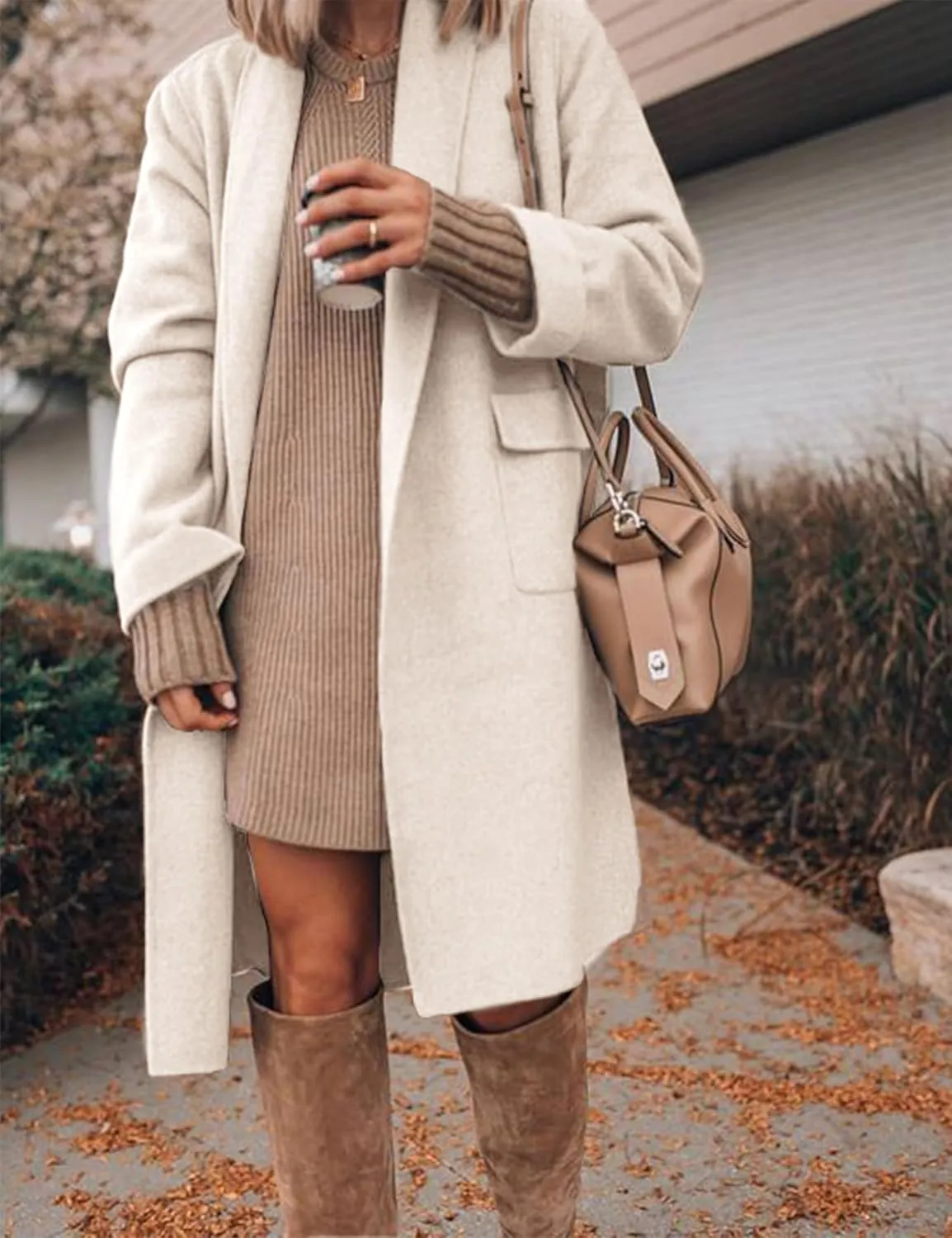 Hooever Women's Long Cardigan Wool Coat Open Front Pockets Warm Lapel Jacket Coat Fall Outerwear