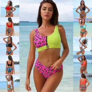 Hot Sexy Popular European US Zipper split bikini swimwear Beach Swimwear Leopard Prairie Chic